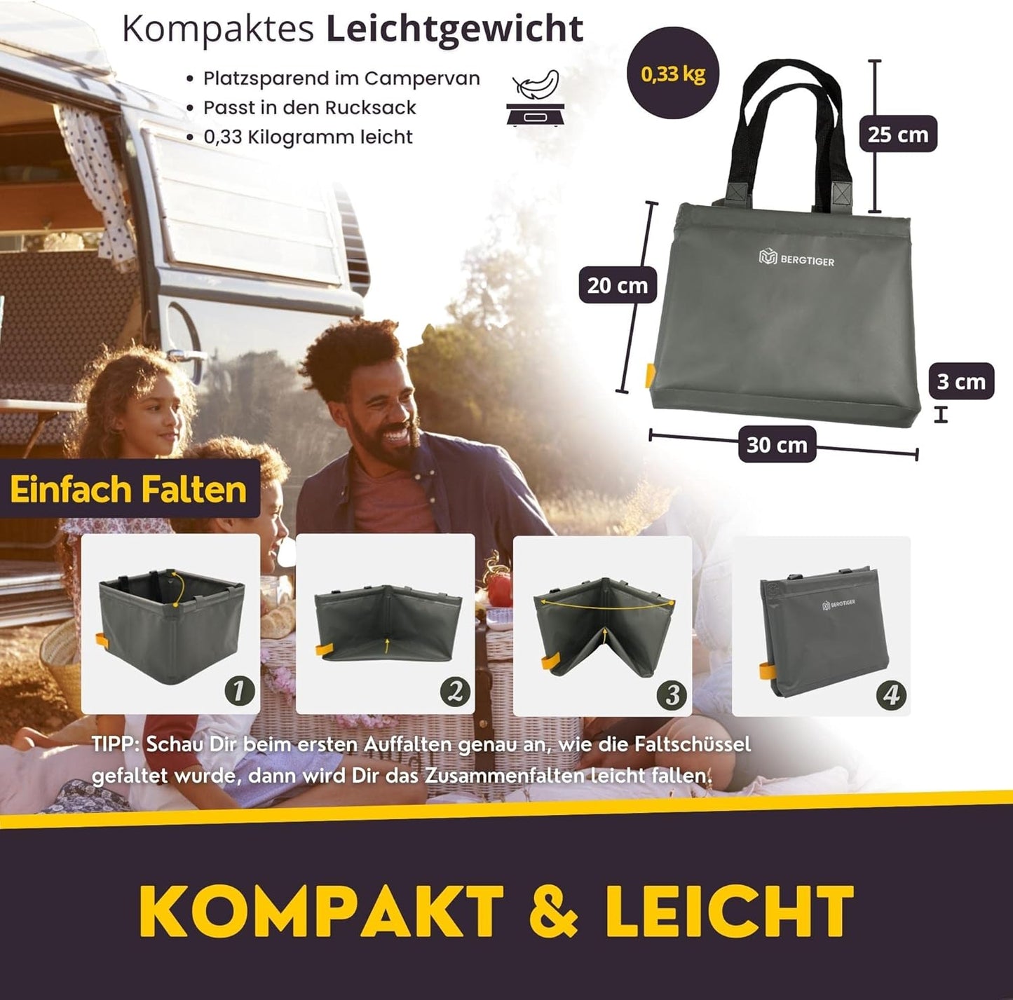 Faltbare Camping-Spülschüssel, Anthrazitgrau / Gelb - 18 Liter