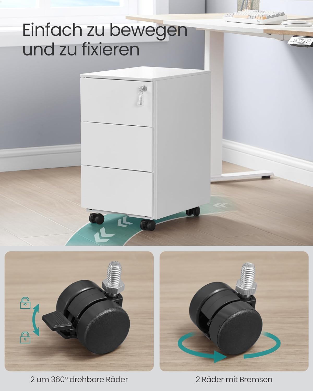 Mobiler Aktenschrank OFC079W01 mit 3 Schubladen, abschliessbar, 3 Ablagen (40T x 30B x 54H cm) Mattweiß