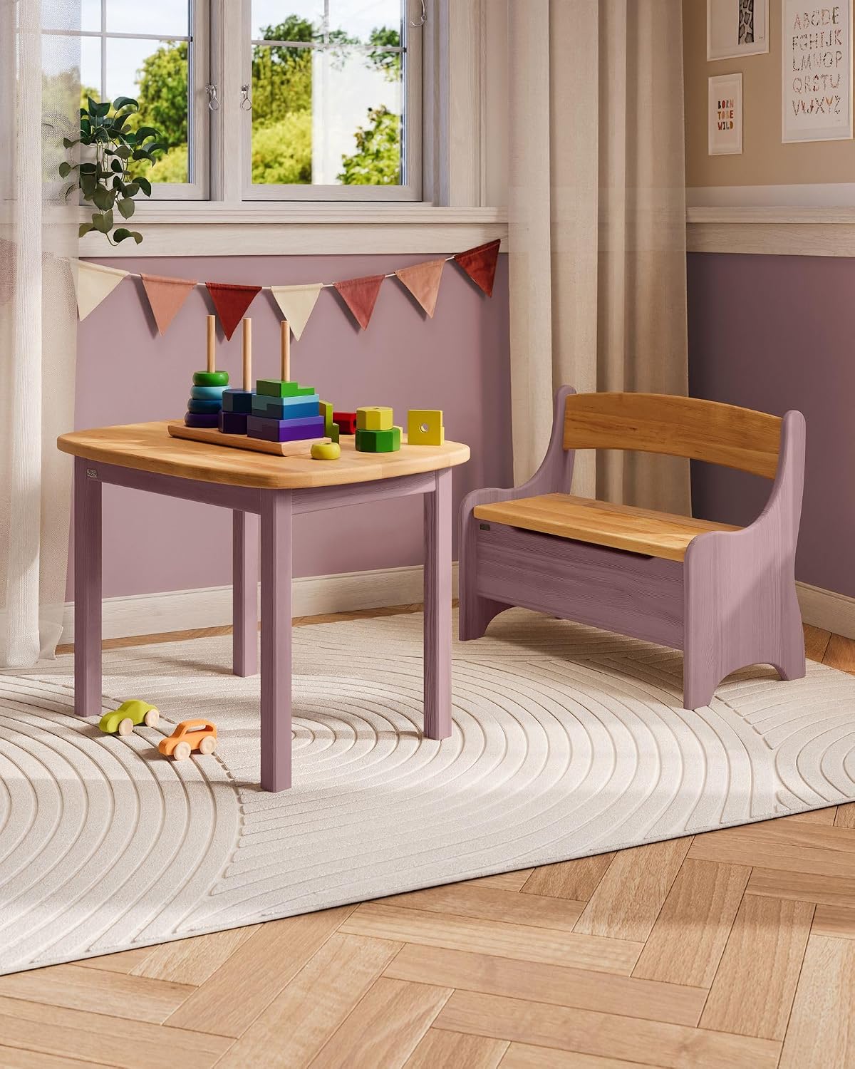 Kindersitzbank Levin mit Geheimfach, Flieder & Erle