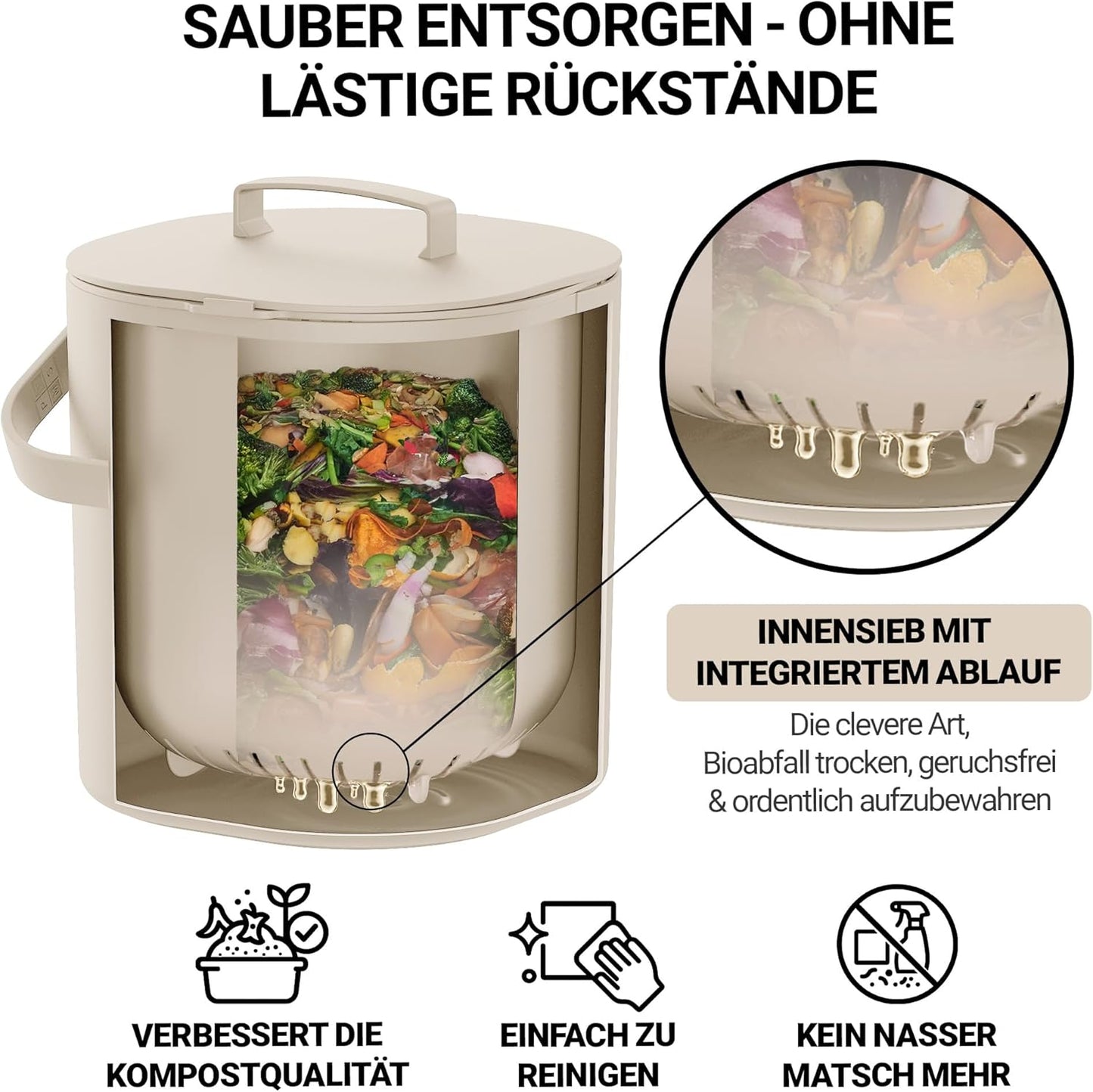 Komposteimer mit Deckel & Innensieb, Beige 6L