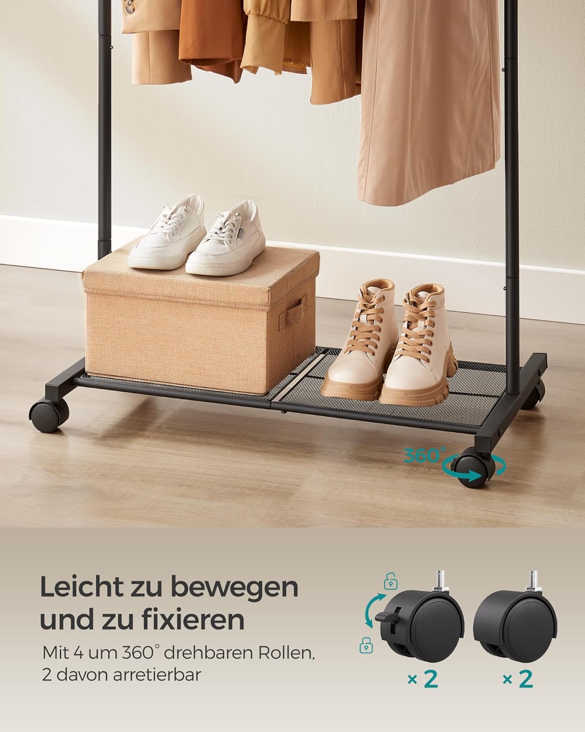 Kleiderständer mit Rollen und Gitterablage (bis 35 kg), Schwarz 74 x 40,5 x 158 cm