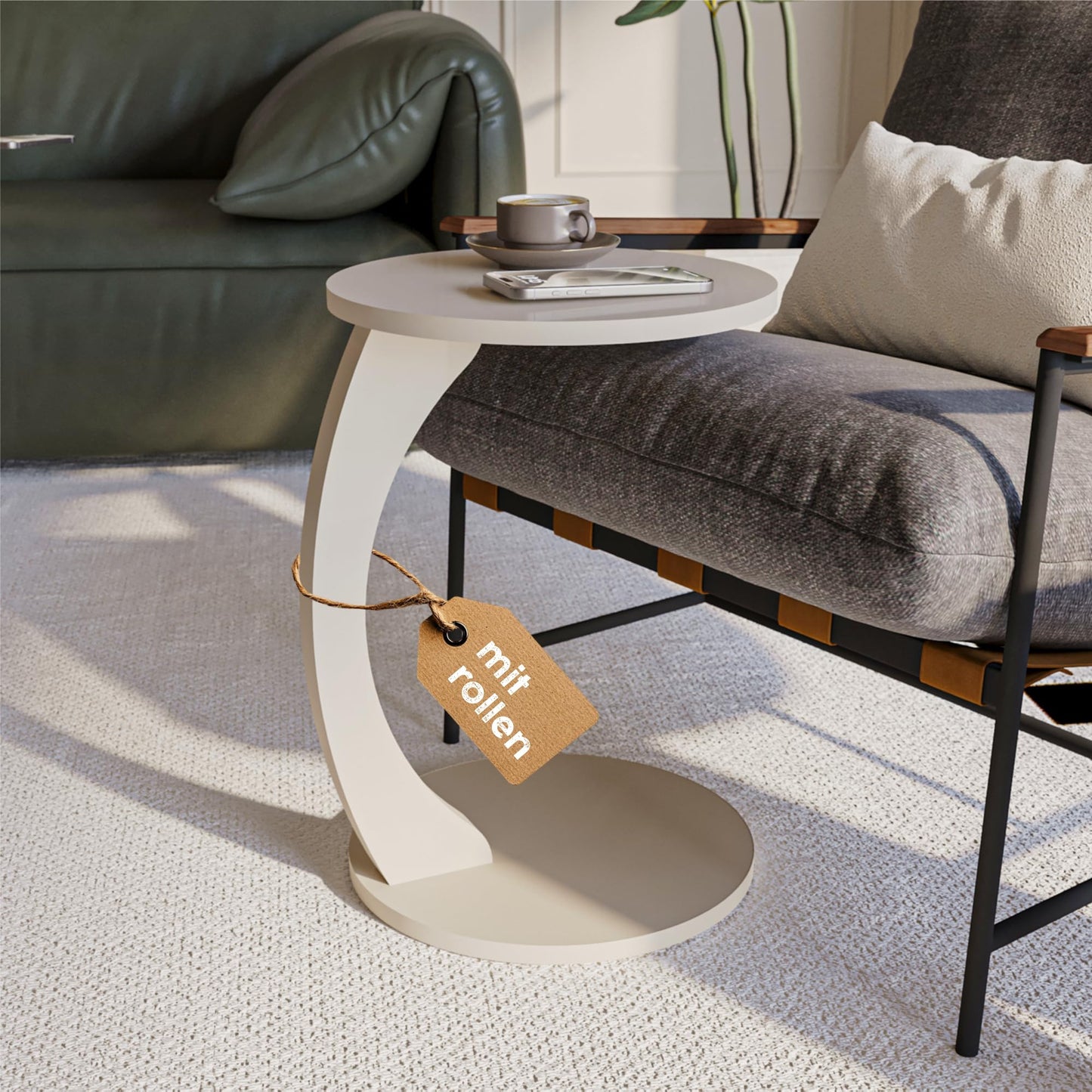 Couchtisch mit Rollen in C-Form, Sand-beige