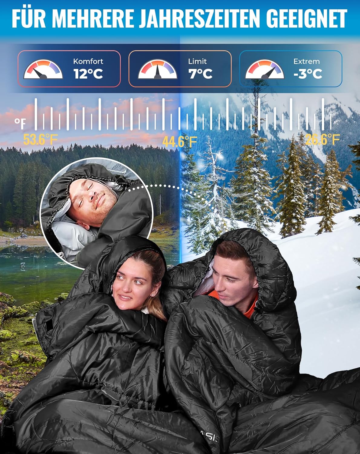 XL Flanell-Schlafsack 2er-Set, Schwarz L+R Zip 220×75cm