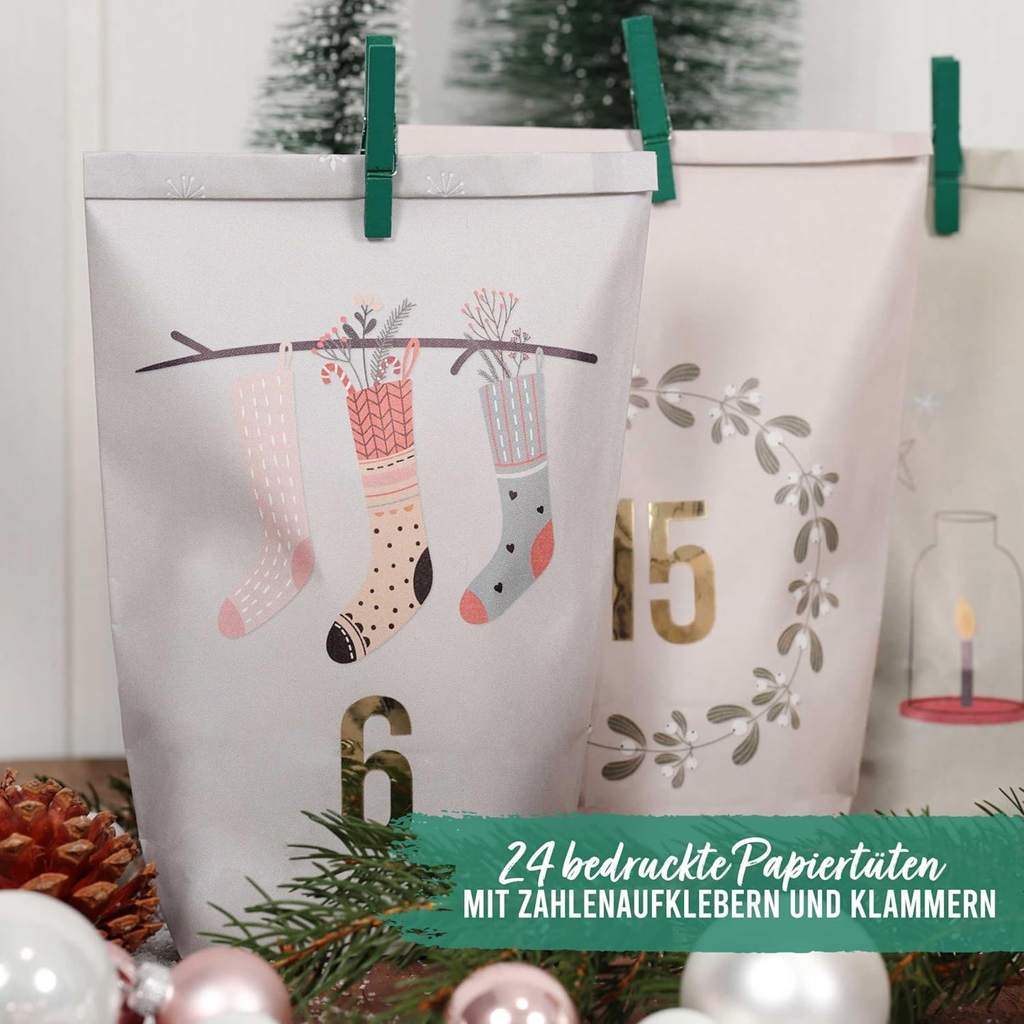 Adventskalender DIY-Set, 24 Geschenktüten, Motiv Hygge, Pastell