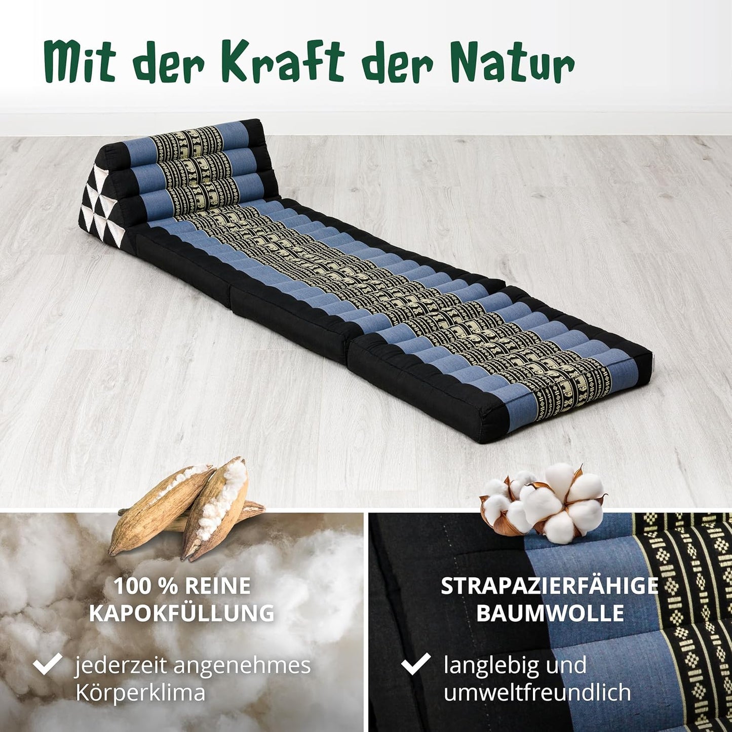 Thaikissen Dreieckskissen mit Klappmatratze, Blau/Elefanten