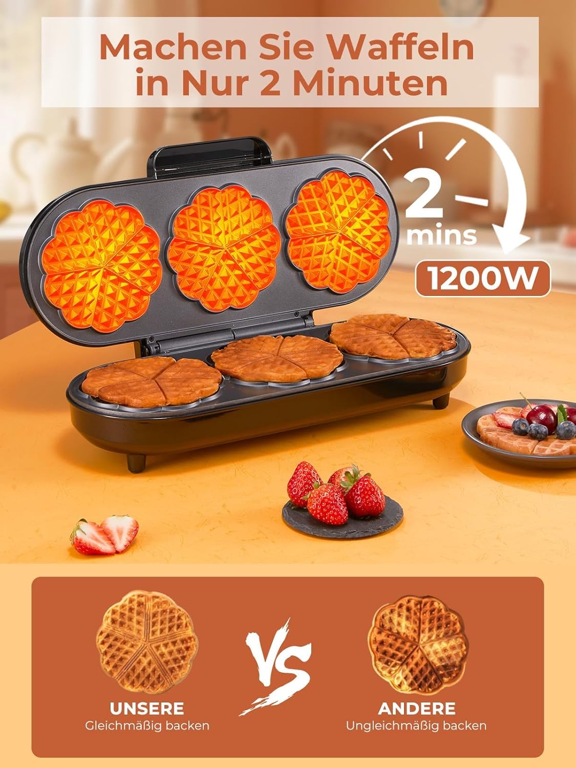 King Size Waffeleisen für 15 Herzwaffeln, Silbern