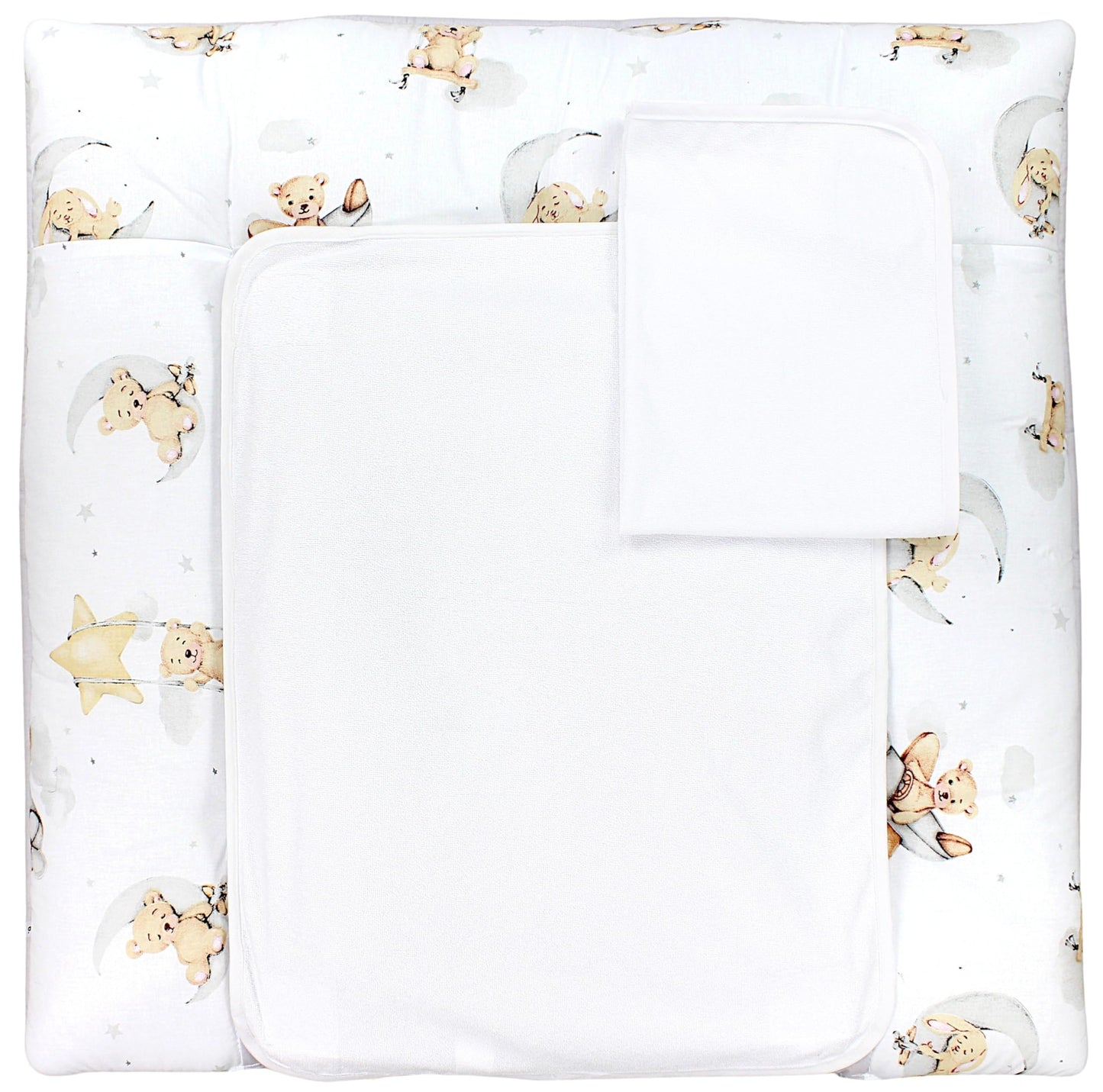 Wickelauflage mit Frotteebezügen (65 x 75 cm), 65 x 75 cm Bärchen Kaninchen Grau / Beige