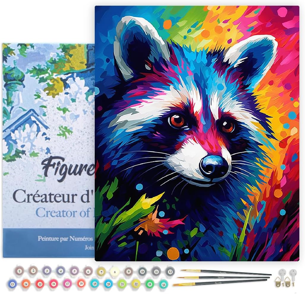 Malen nach Zahlen Set Waschbär (40x50cm, mit Rahmen), Waschbär Farbenfroh Abstrakt 40x50cm Mit Rahmen (bereits gespannt)