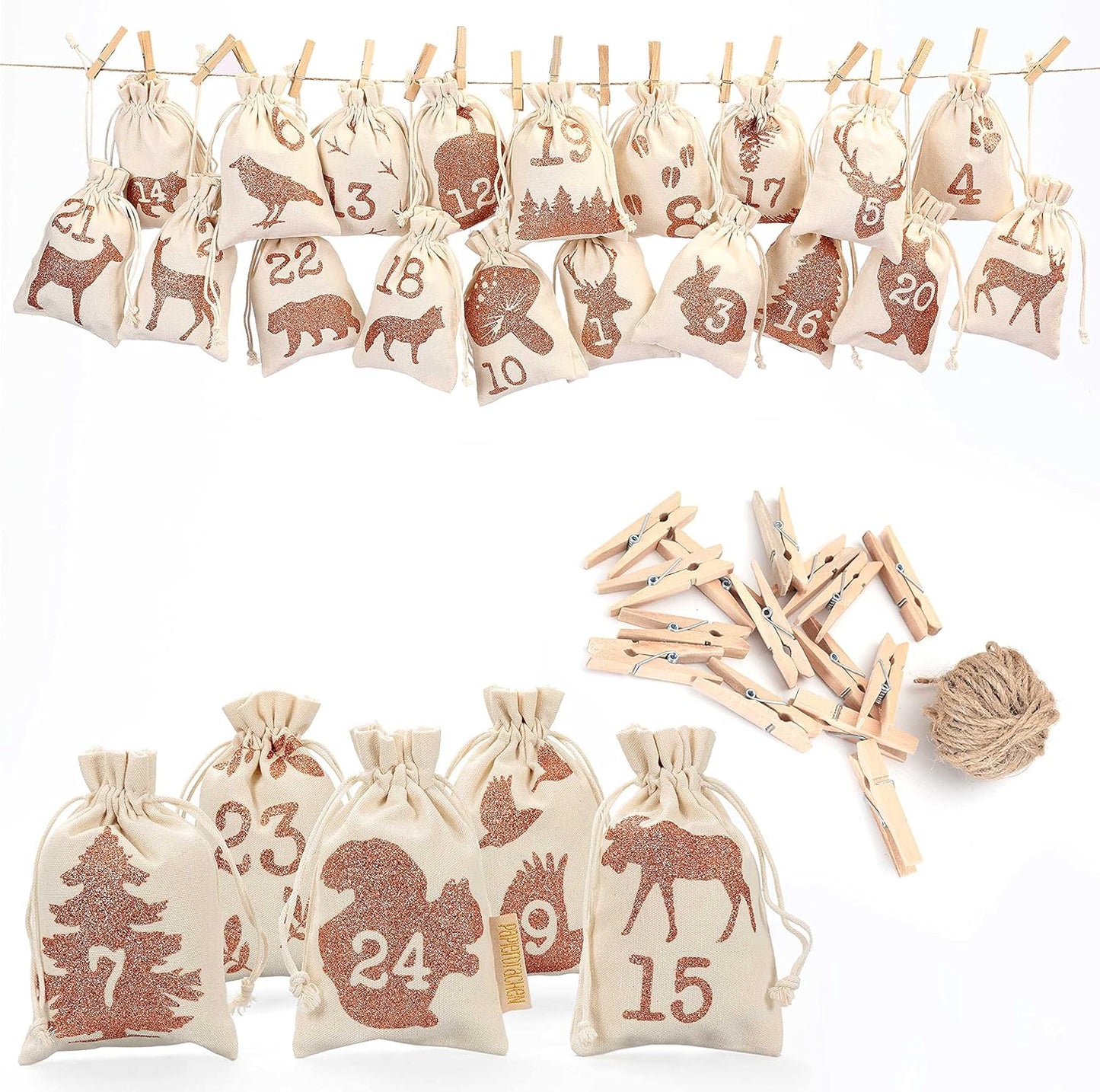 Adventskalender mit Stoffsäckchen, Waldtier Glitzer