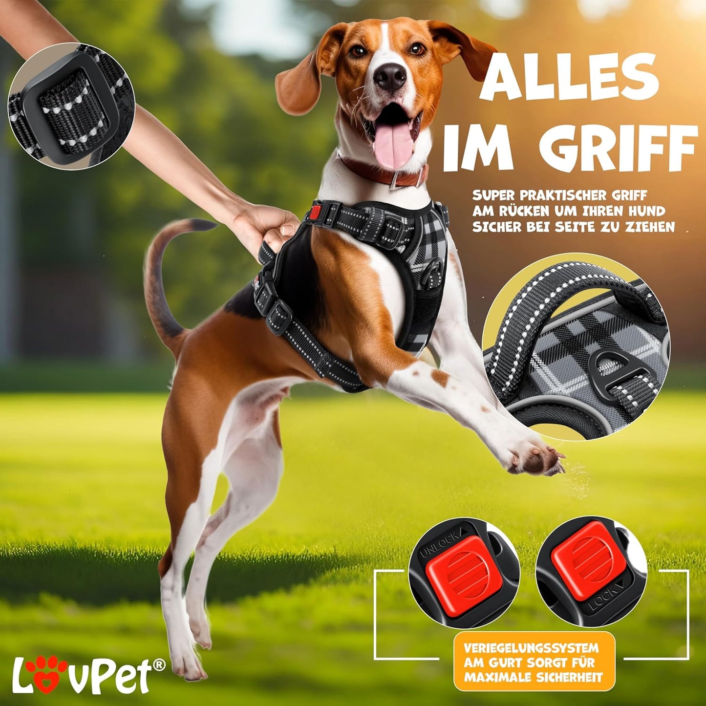 No-Pull Hundegeschirr, L Grau Kariert