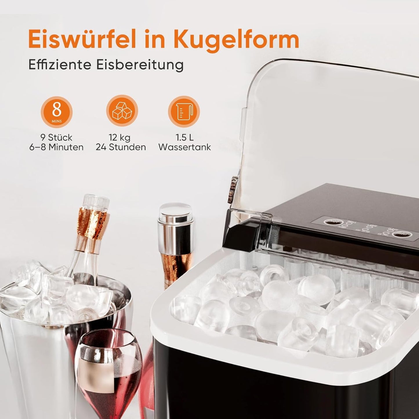 Eiswürfelmaschine mit Tragegriff, selbstreinigend, Schwarz