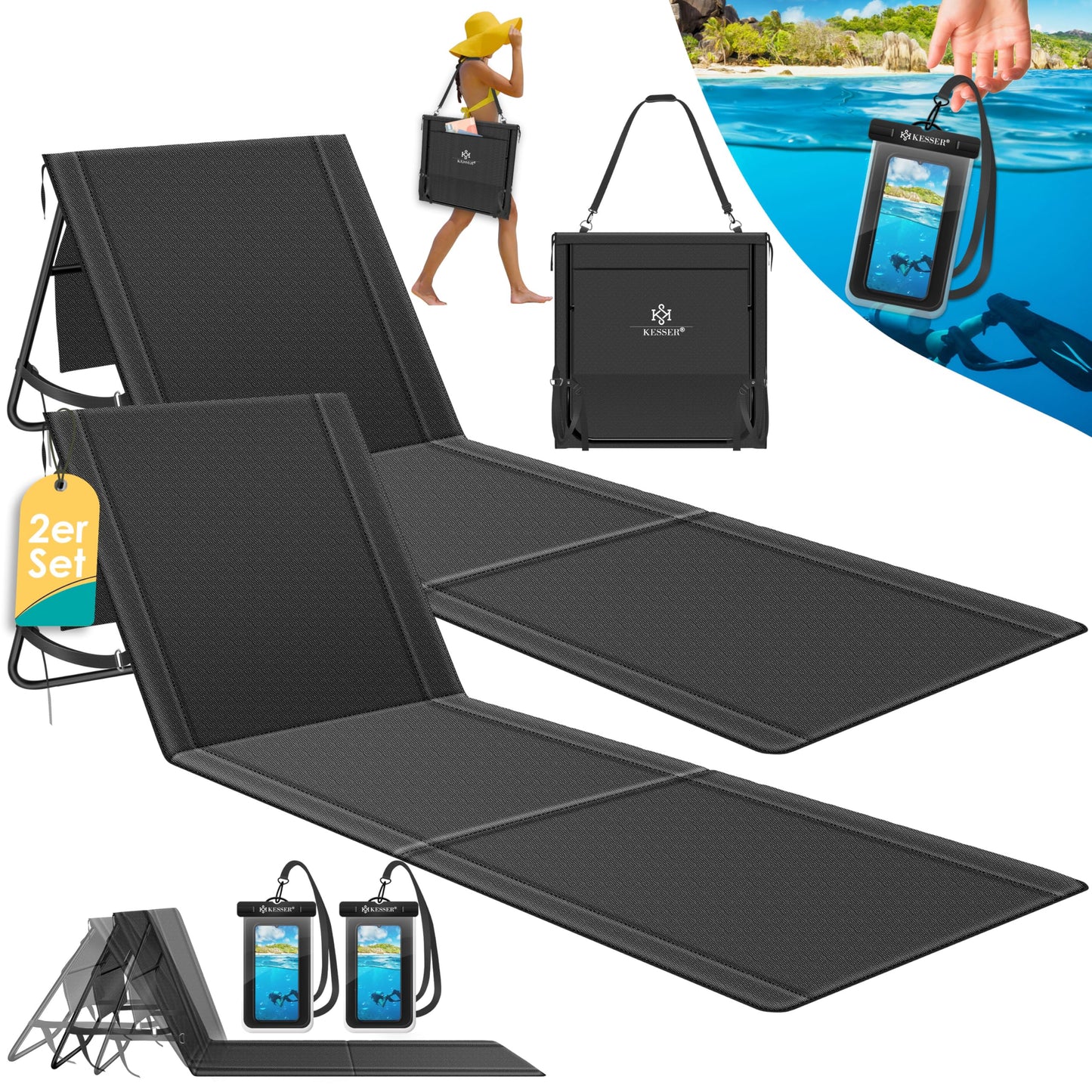 Klappbare Strandmatte mit verstellbarer Rückenlehne und Tragegurt 2er-Set, 2 Stück Schwarz