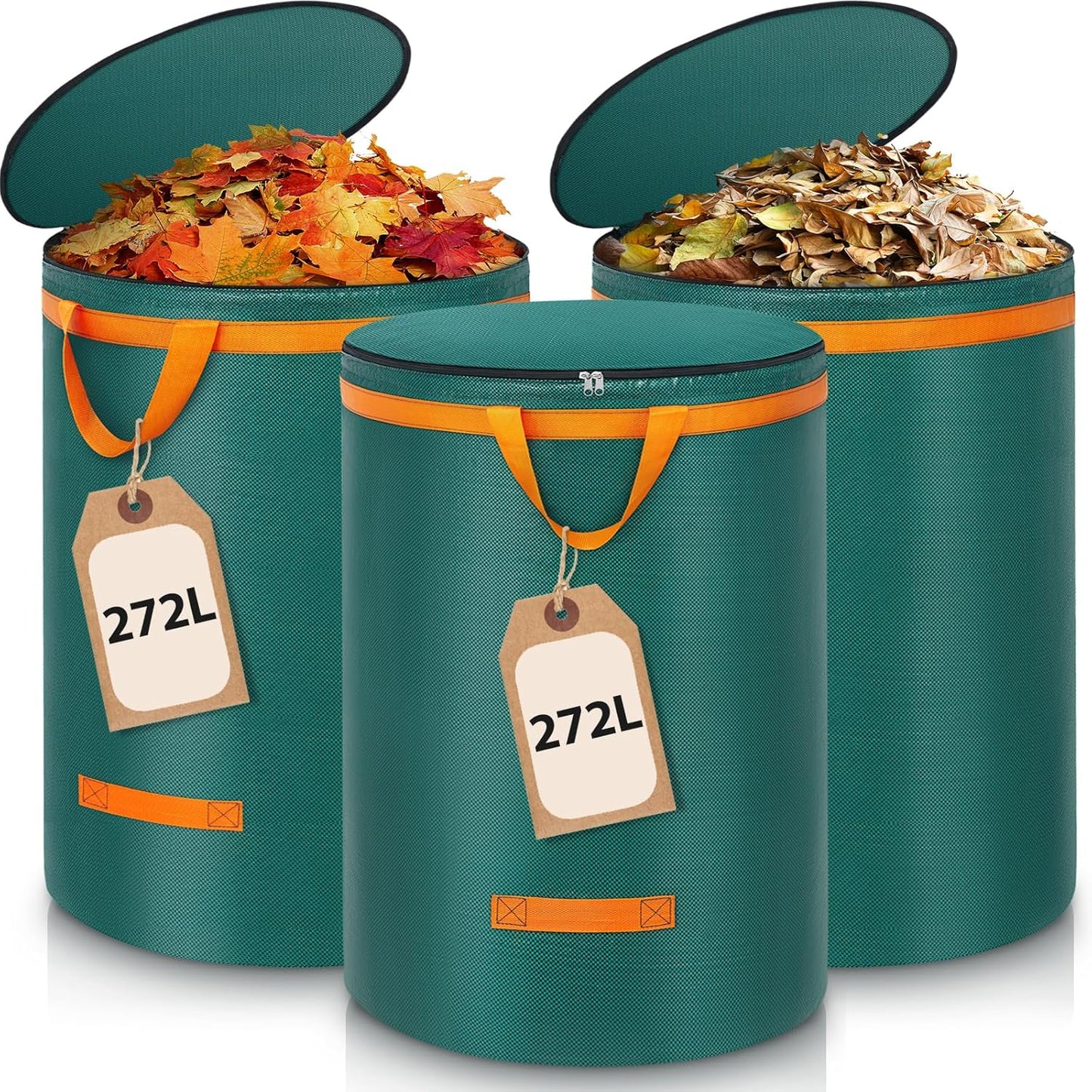 3-teiliges Gartenabfallsack-Set mit Deckel und Griffen, Grün-272l mit Deckel