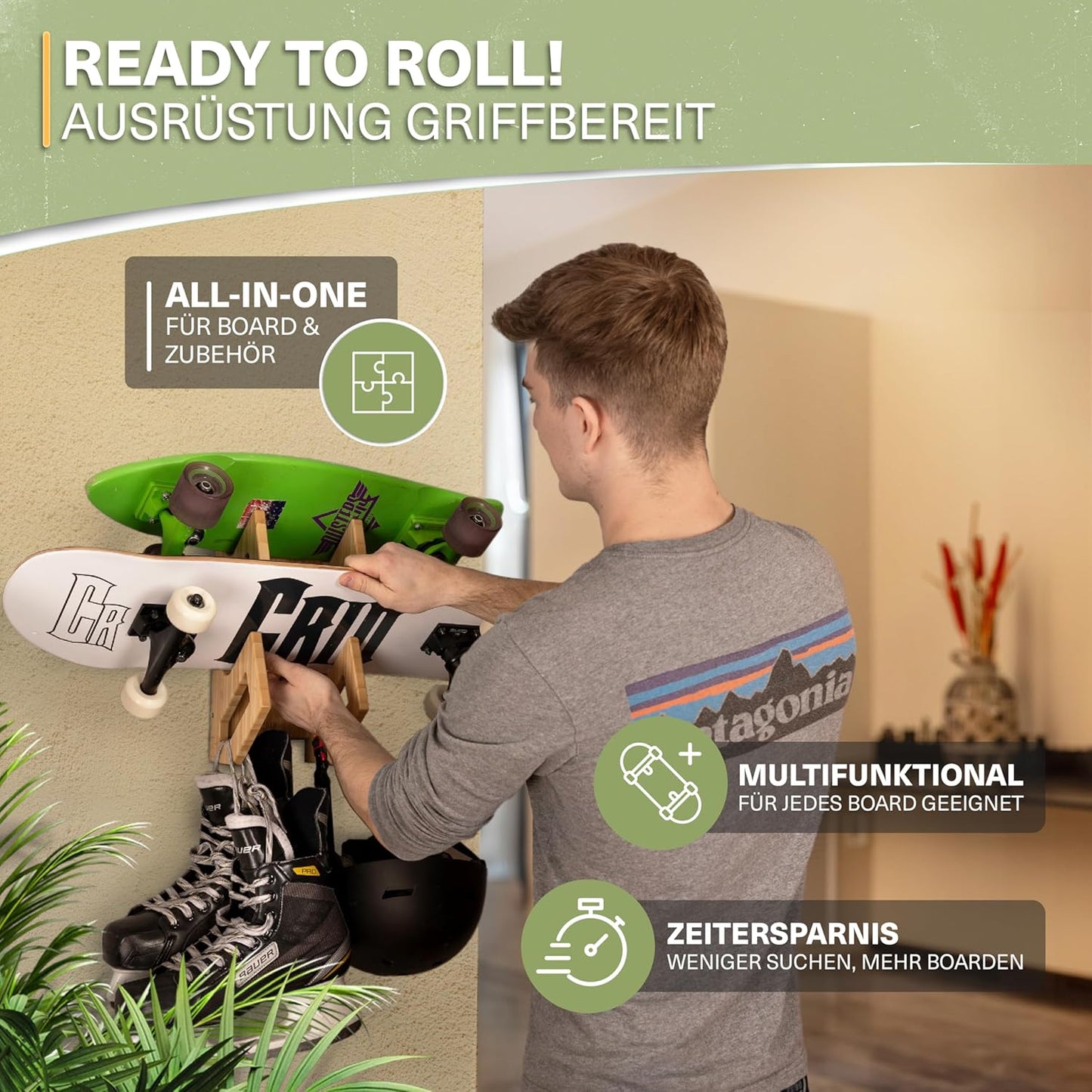 Doppel Skateboard Wandhalterung aus Bambus