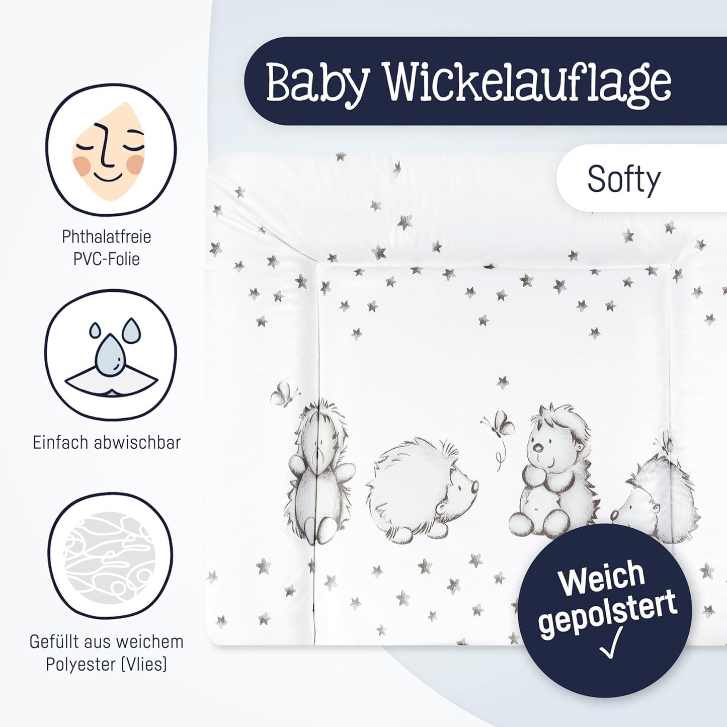 Wasserdichte Wickelauflage Softy, Igelfamilie 65x75 cm