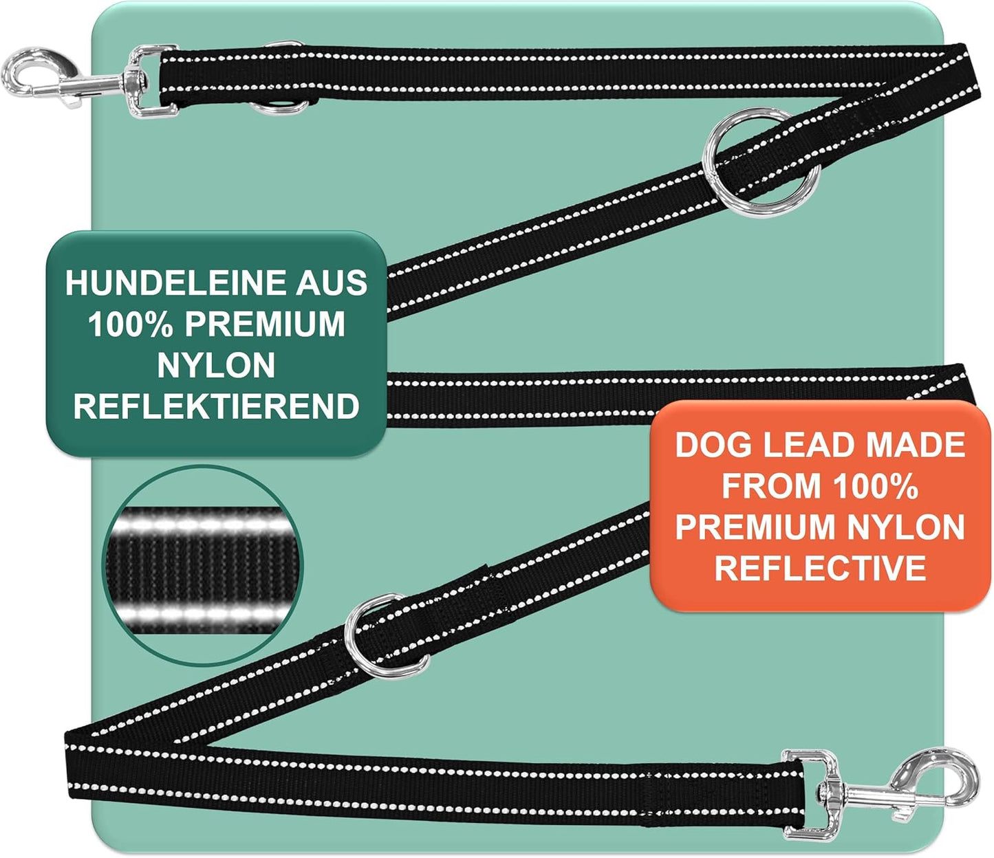 Premium Hundeleine Nylon verstellbar, [M] - 2,0 x 200 cm Schwarz-Reflektierend