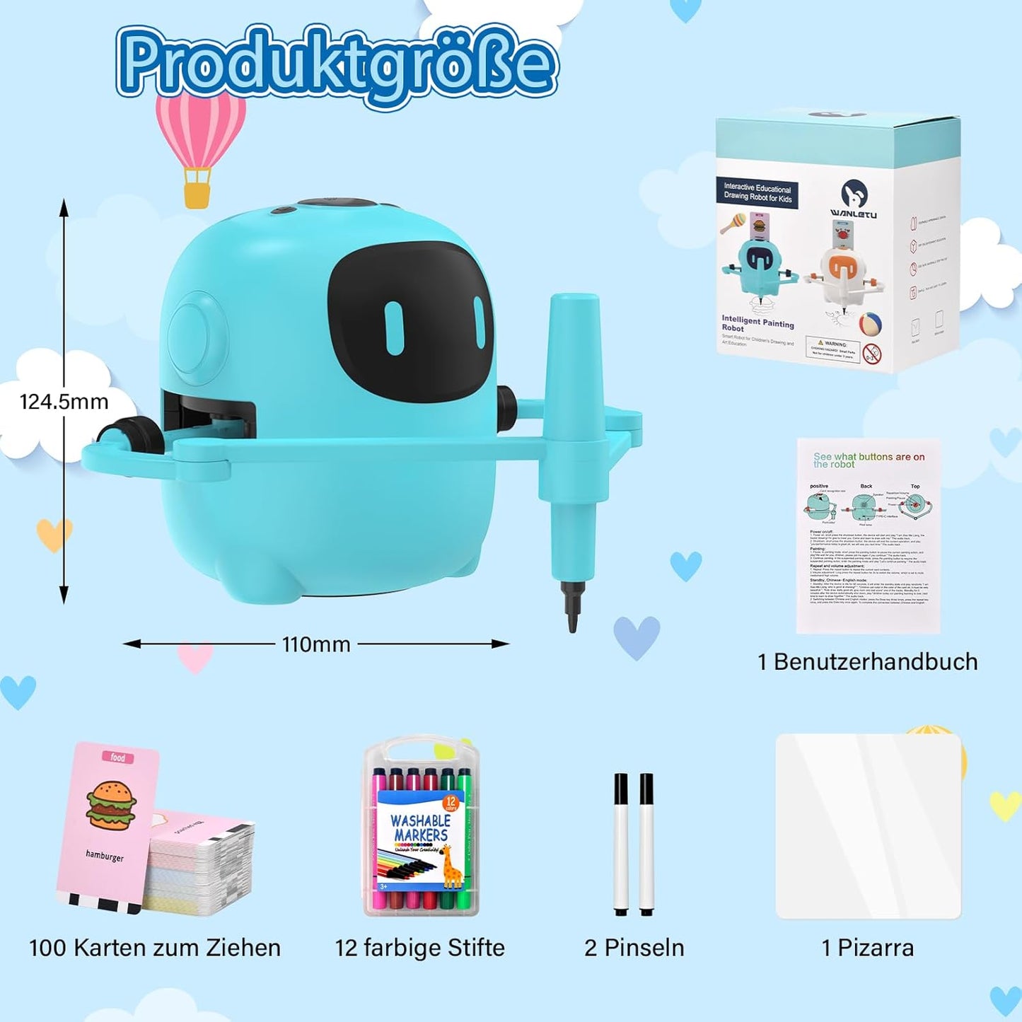 Zeichenroboter mit 100 Karten & Stift, Blau
