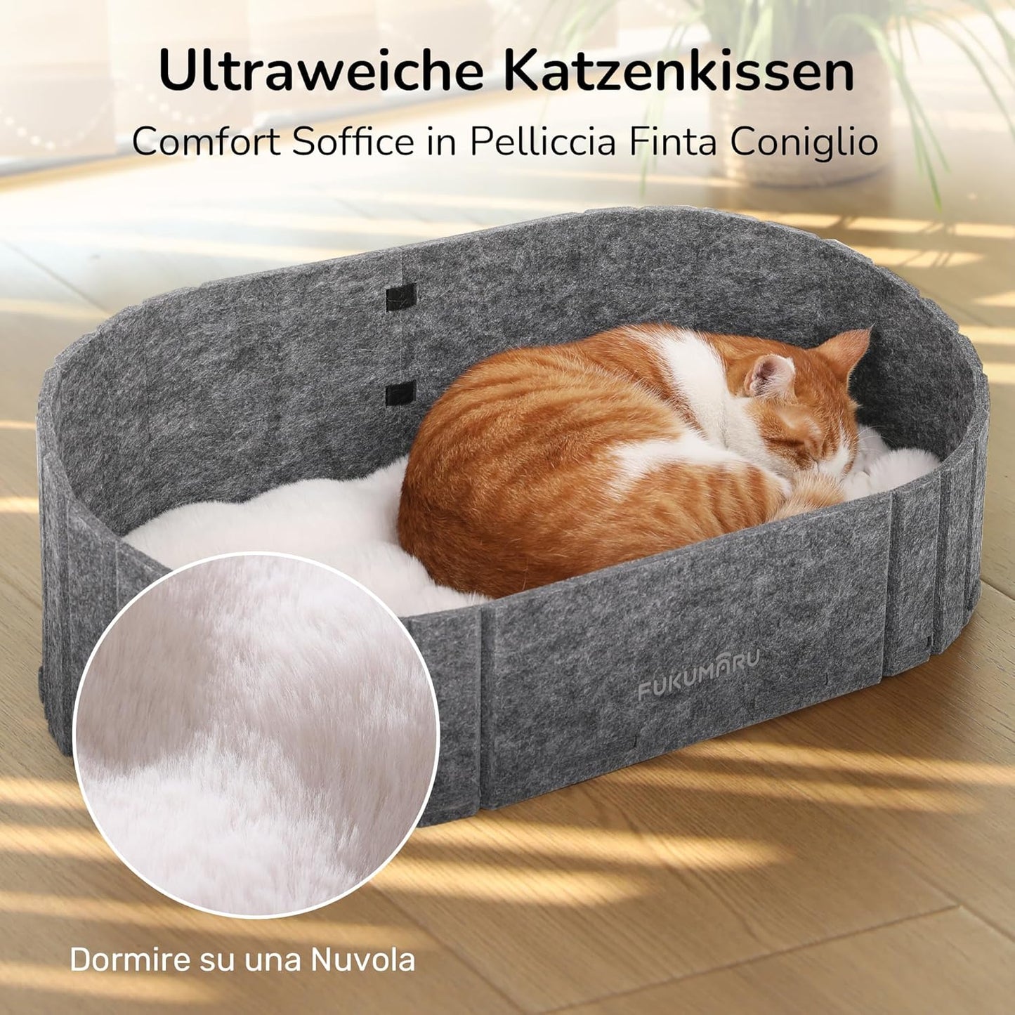 Katzen-Couchbett mit Kunstfell-Kissen, grau