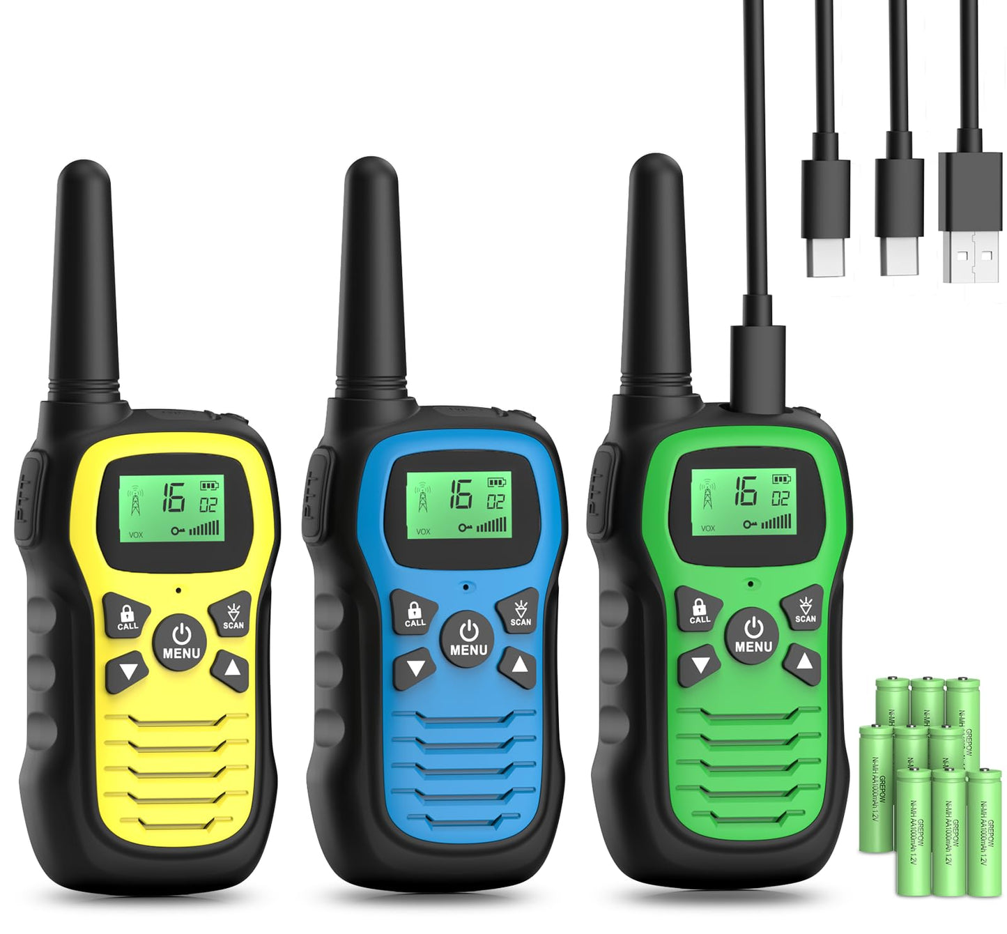 Walkie Talkie Set für Kinder mit 16 Kanälen, Gelb Blau Grün