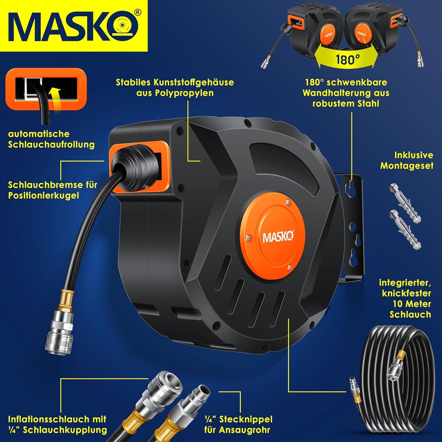 Automatik Druckluftschlauch Aufroller, 10 m Orange / Schwarz