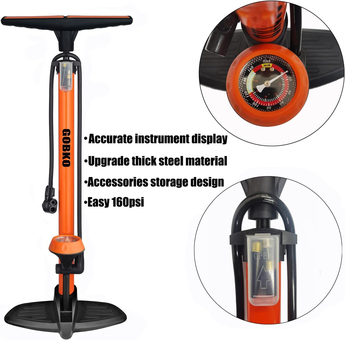Fahrradpumpe mit Manometer für Rennrad & MTB, Basic Orange