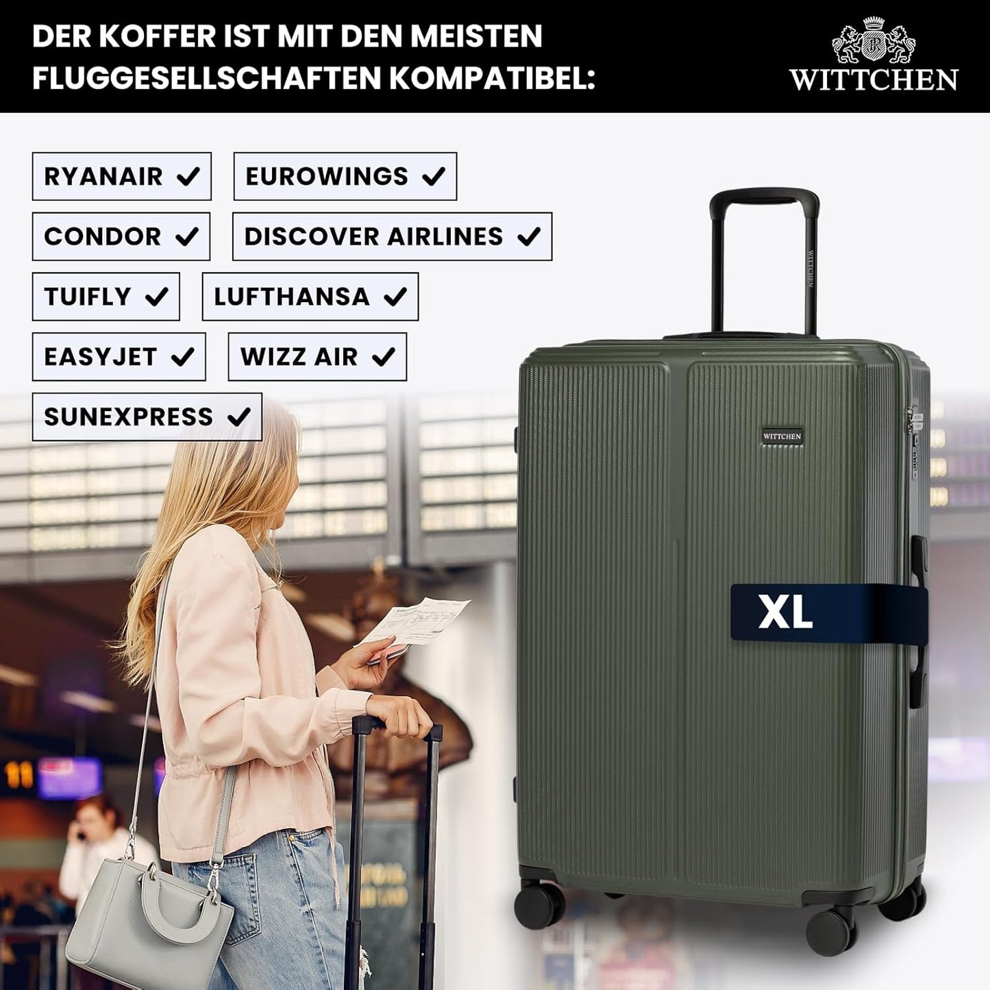 Hartschalen-Trolley XL mit Zahlenschloss, Khaki Großer Koffer - XL