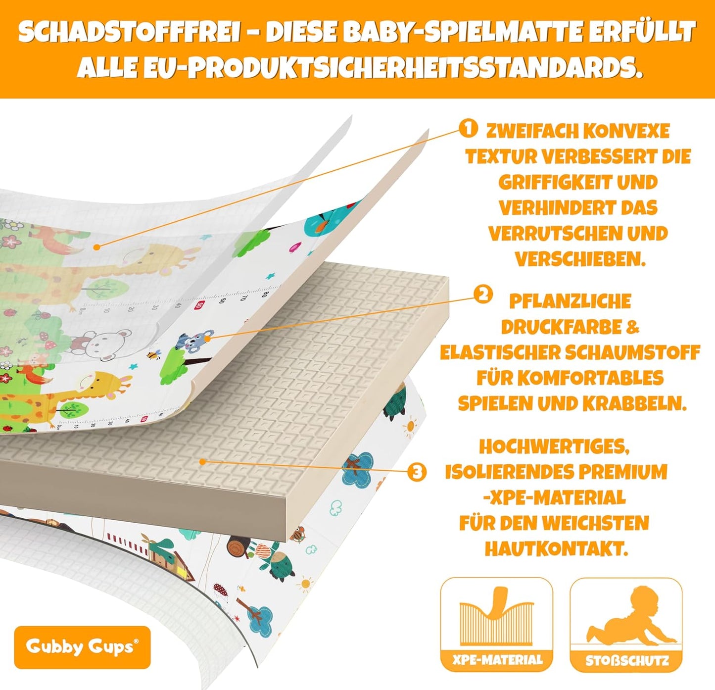 Faltbare Baby Krabbelmatte Giraffe und Bär, 180x120cm, rutschfest, Giraffe und Bär