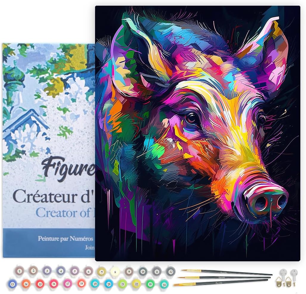 Malen nach Zahlen Set mit Rahmen (Wildschwein), Wildschwein Farbenfroh Abstrakt 40x50cm Mit Rahmen (bereits gespannt)