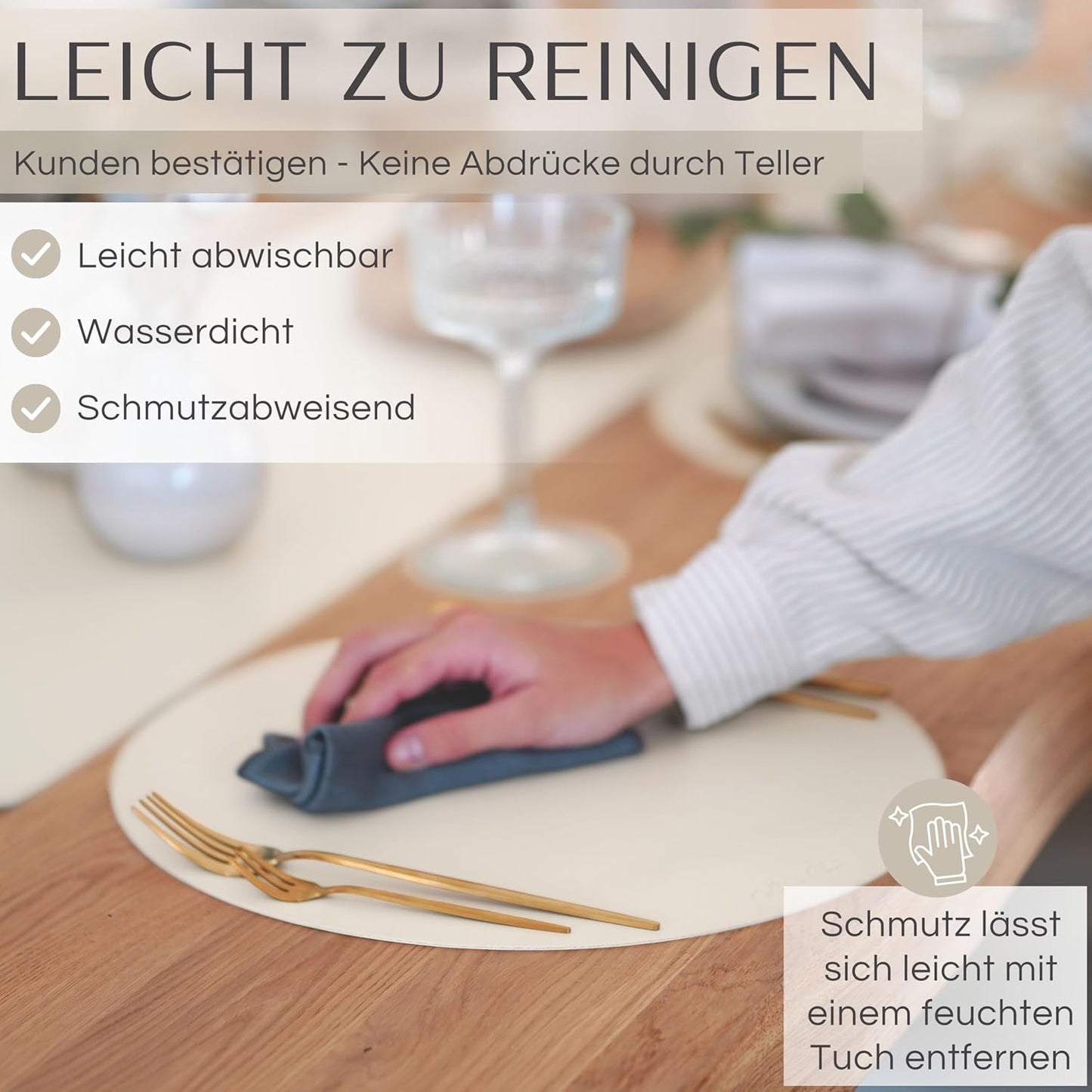 6er-Set abwaschbare Tischsets mit Glasuntersetzer, Rund Cremebeige