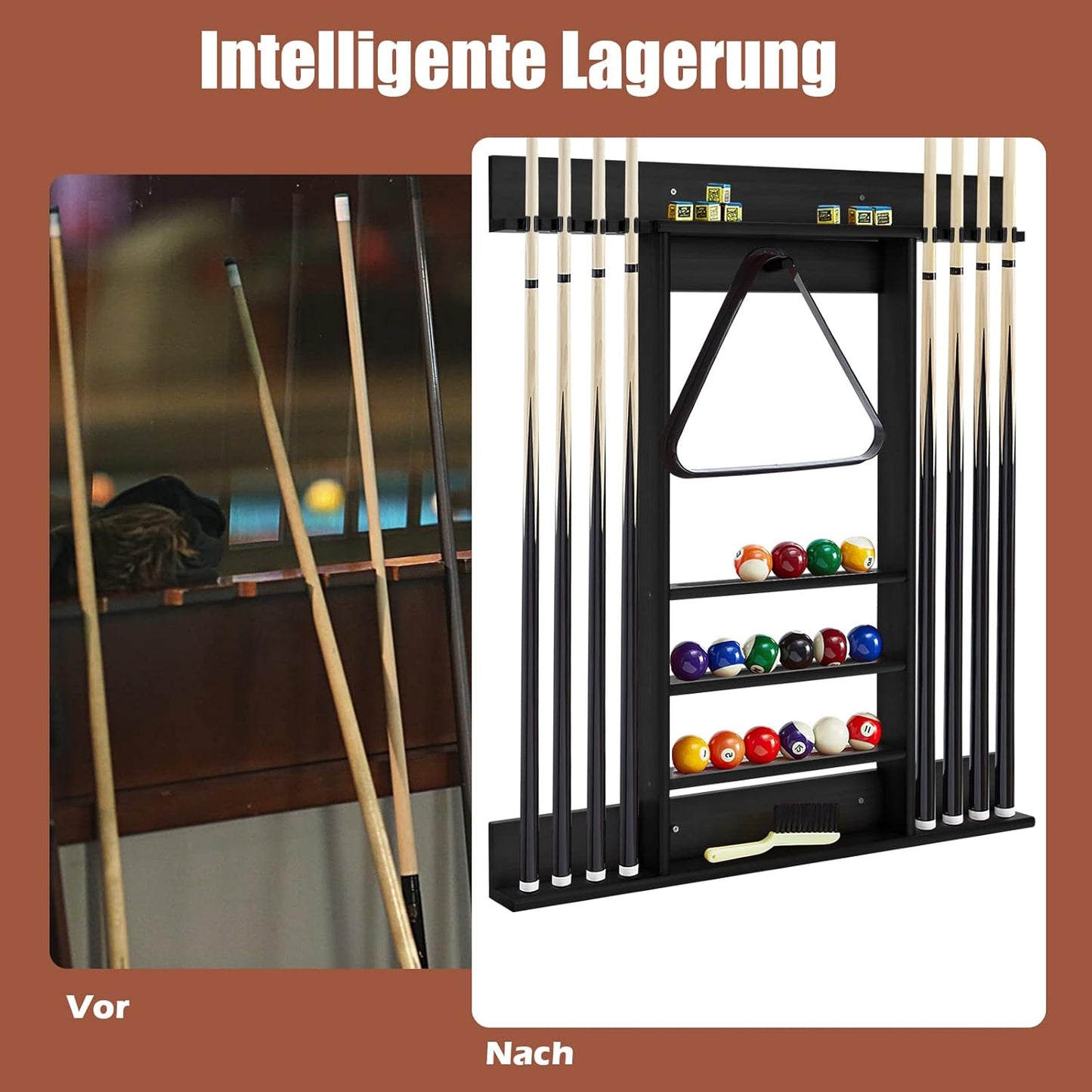 Billard Queue-Wandhalter für 8 Queues, Schwarz