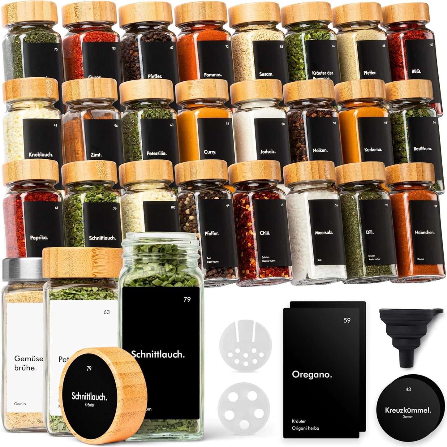 Gewürzgläser mit Streueinsatz (24x 120ml) + Labels, Gewürzgläser Schwarz Bambusdeckel