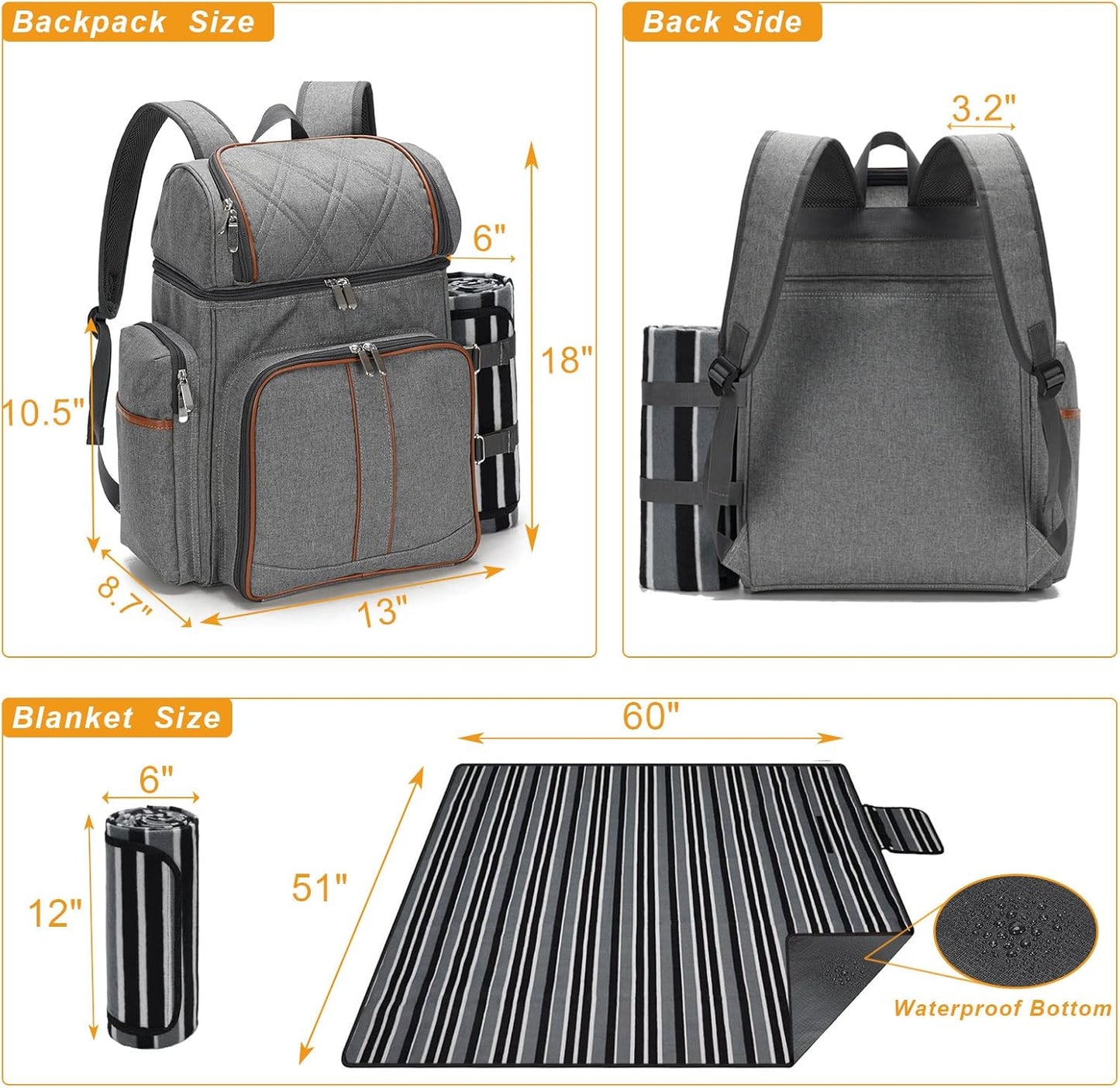 Picknick-Rucksack für 4 Personen mit Zubehör, Grau