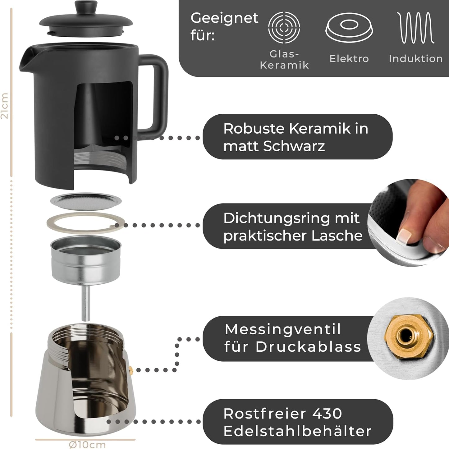 Espressokocher für Induktion (300ml), Espressokocher Schwarz