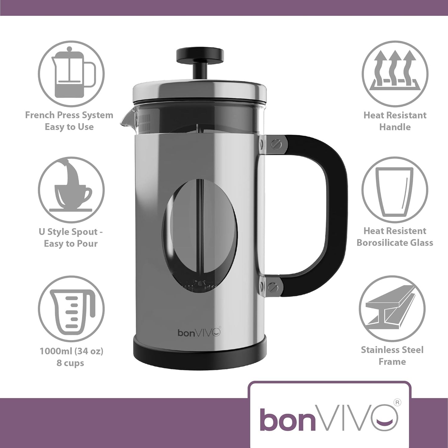 French Press Kaffeekanne, Silver 1000 ml