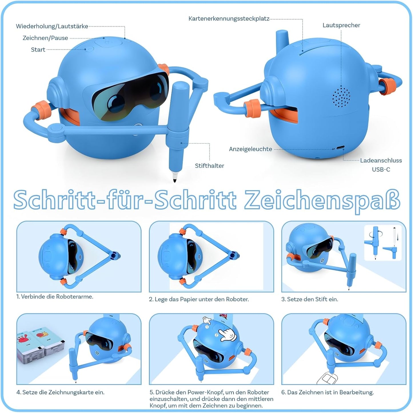 Interaktiver Zeichenroboter für Kinder mit Zeichenkarten, Blau