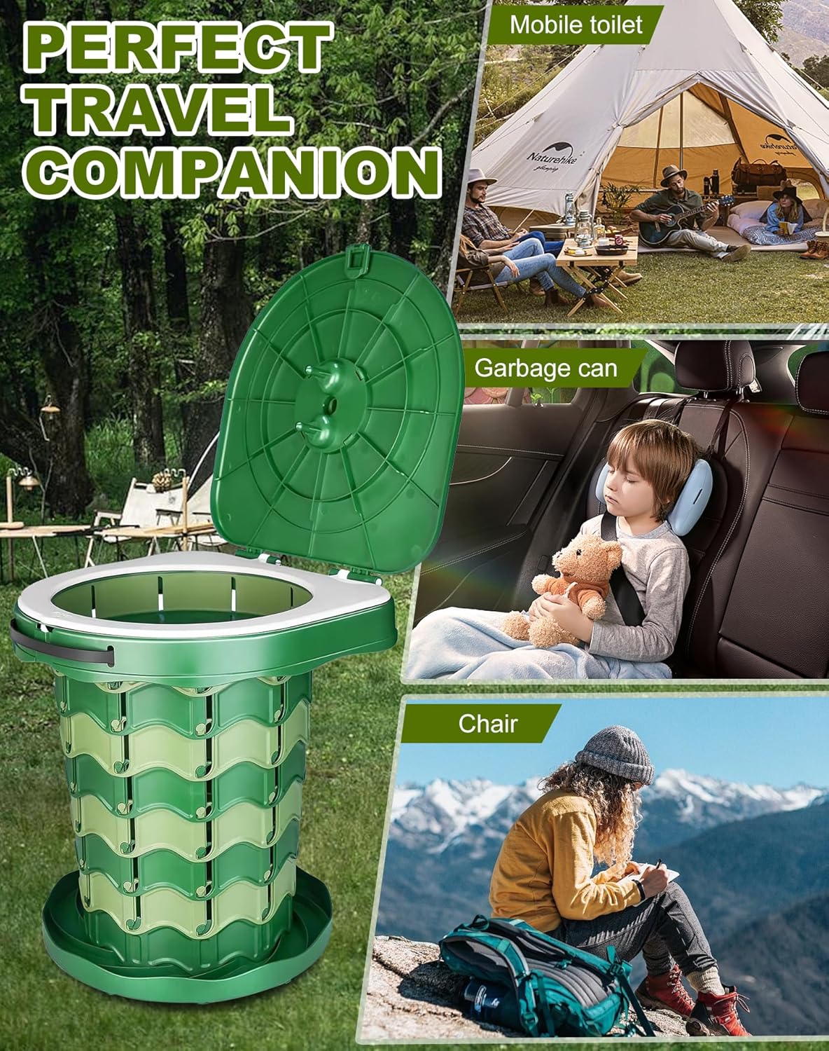 Faltbare Campingtoilette mit Beuteln, Armeegrün