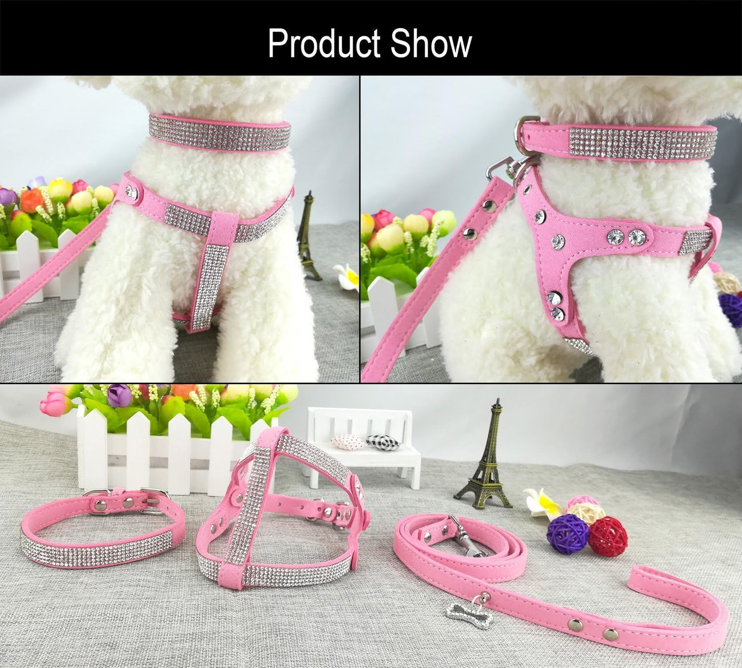 3-teiliges Geschirrset mit Hundehalsband & Geschirr & Leinen, M Rosa