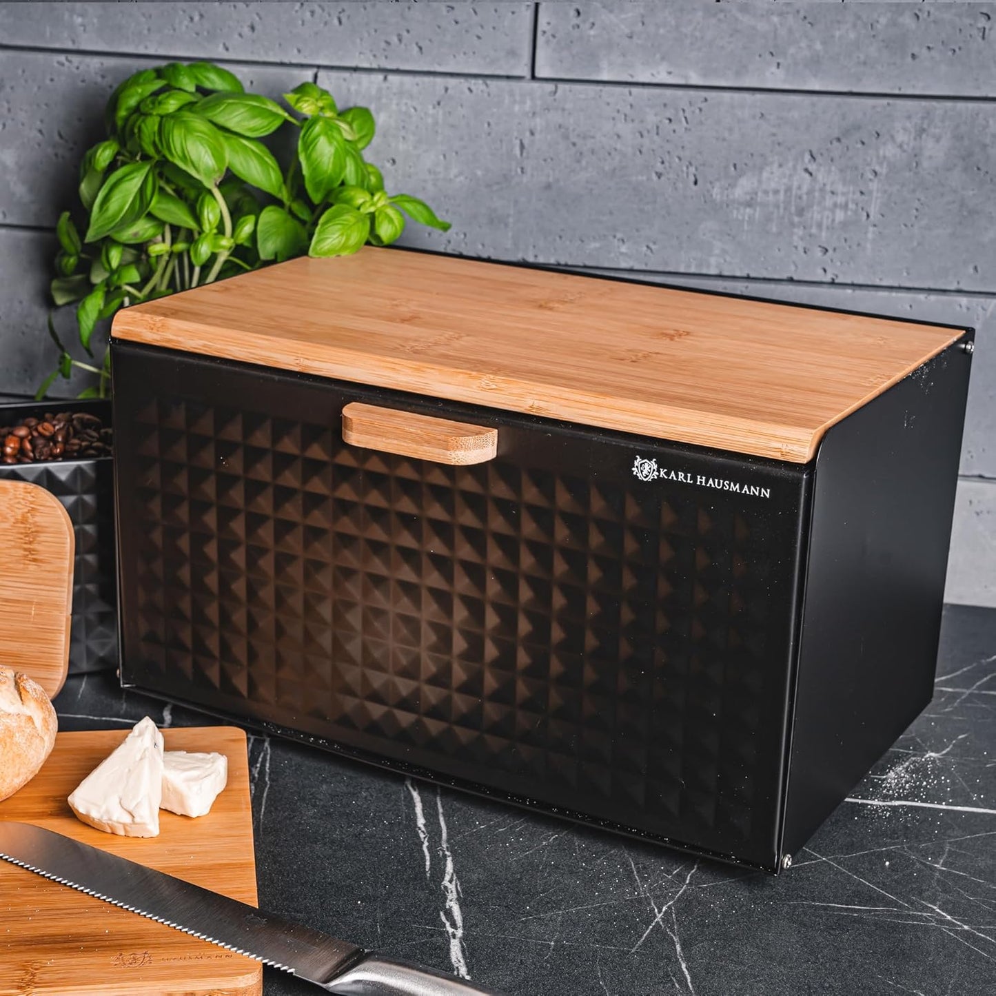 Brotkasten mit Bambusdeckel & Magnetverschluss, Schwarz