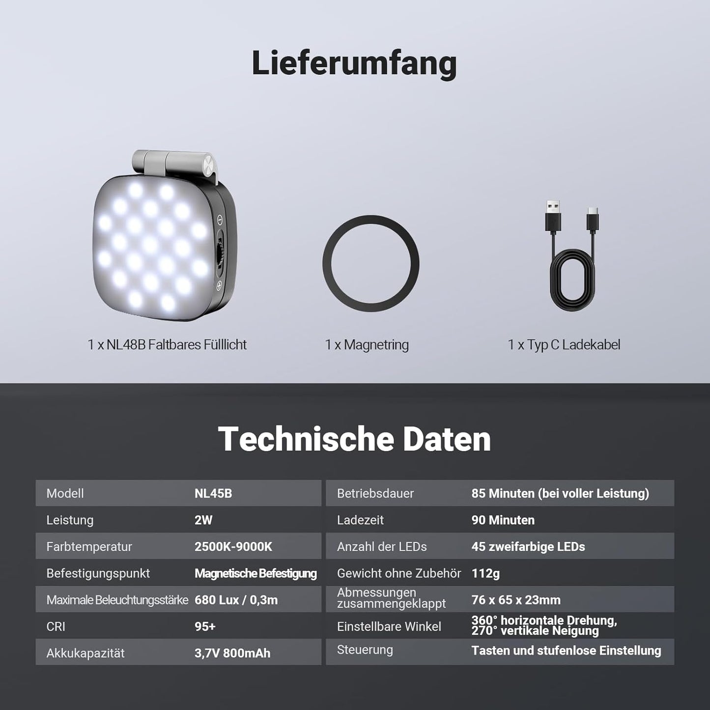 Magnetisches Selfie-Licht, NL45B Schwarz