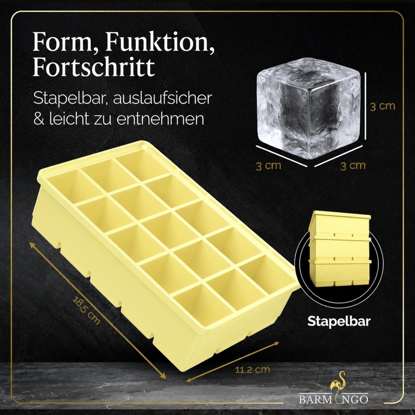 3er Set Eiswürfelform mit Deckel, 15 XXL Würfel Pastell Gelb 3