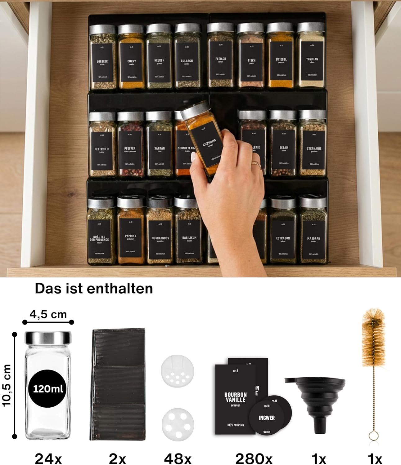 Gewürzgläser-Set mit Schubladeneinsatz, 24 Stk, ausziehbar, Schwarz, Deckel Edelstahl