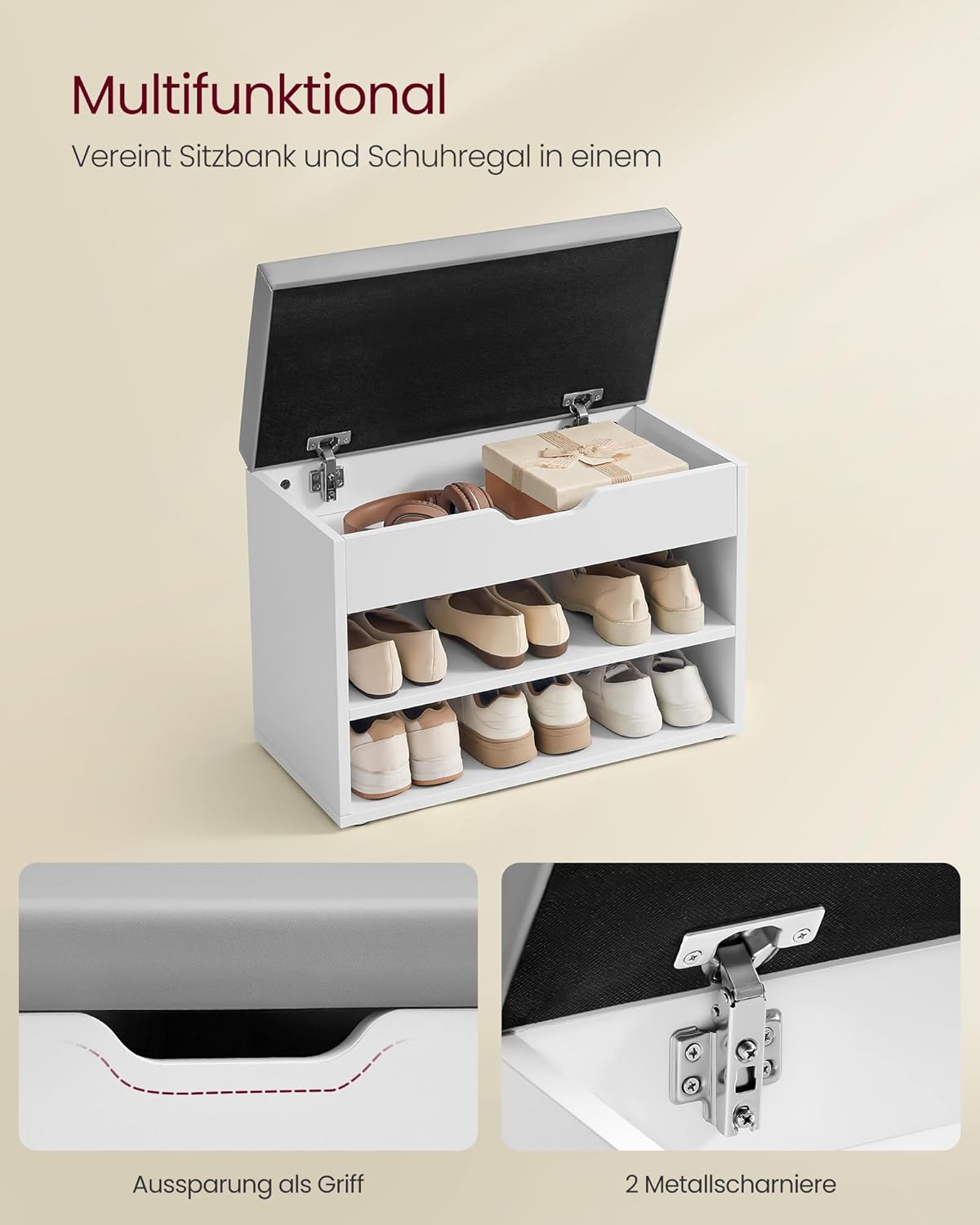 Schuhbank mit gepolstertem Kissen und Schuhregal, 60B cm Wolkenweiss