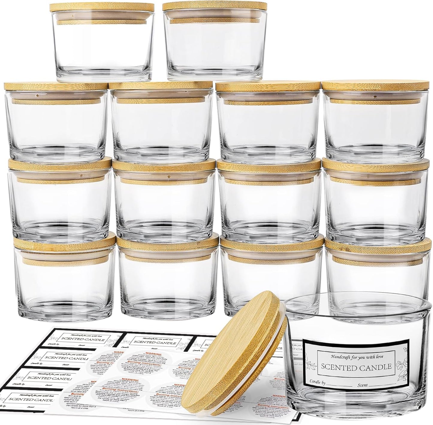 Kerzengläser-Set mit Bambusdeckeln, Klare