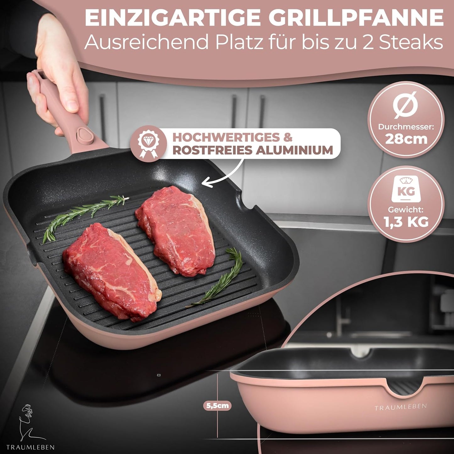 Grillpfanne mit abnehmbarem Griff, Rosa