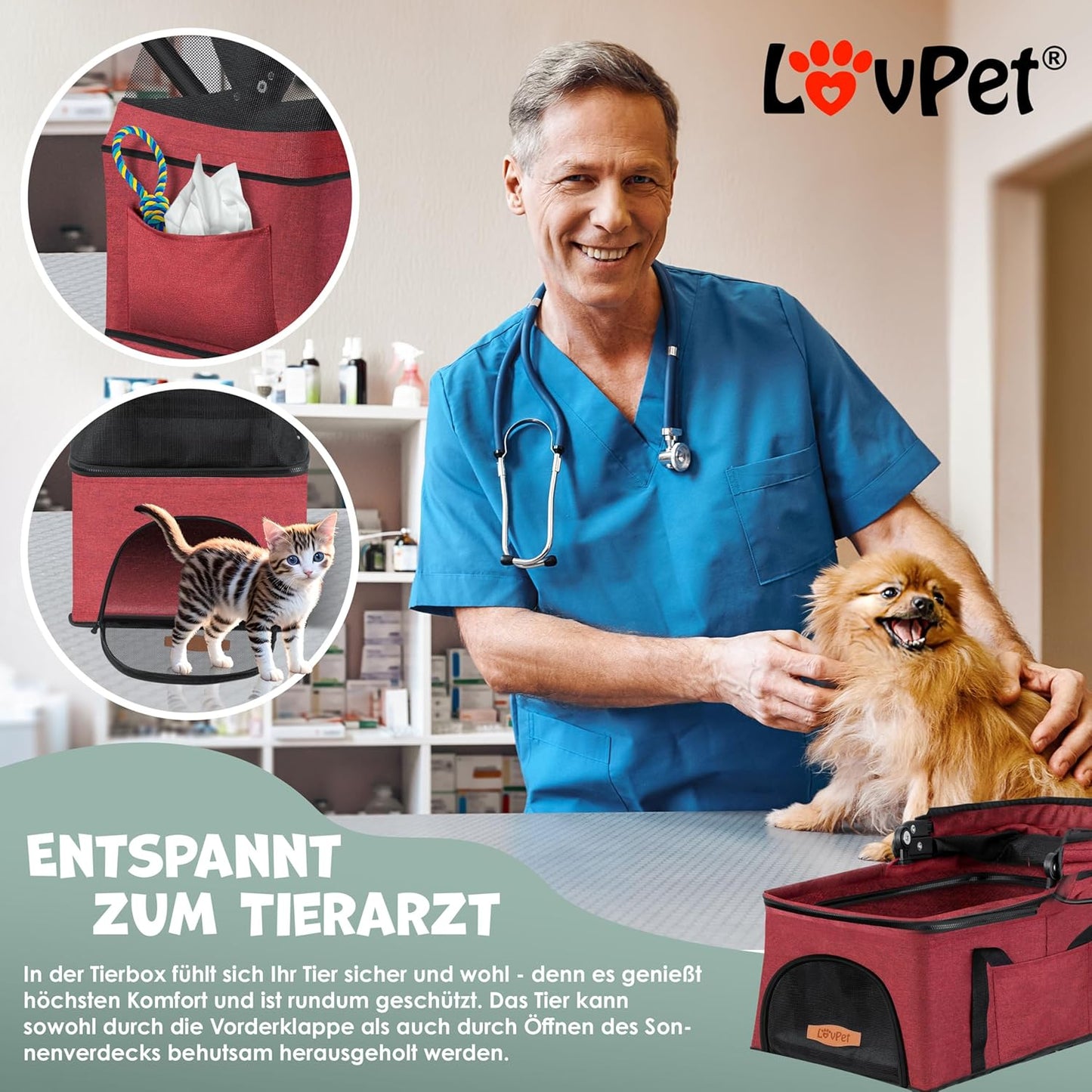 2in1 Hundebuggy und Transporttasche, faltbar, mit Getränkehalter, Regenschutzabdeckung, Rot
