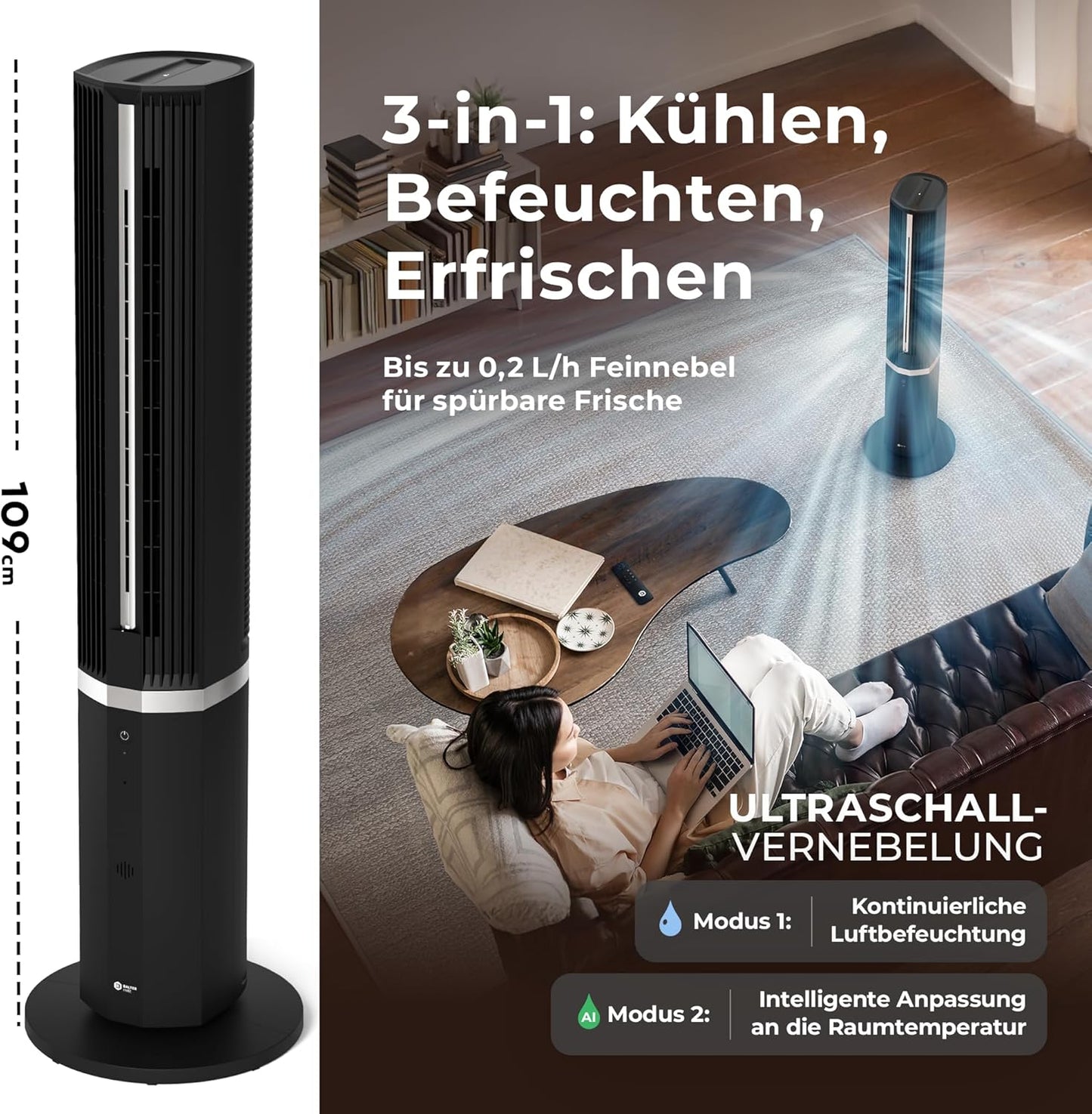 5-in-1 Turmventilator mit Wasserkühlung, VT-11-BL, Premium Black 5 Liter