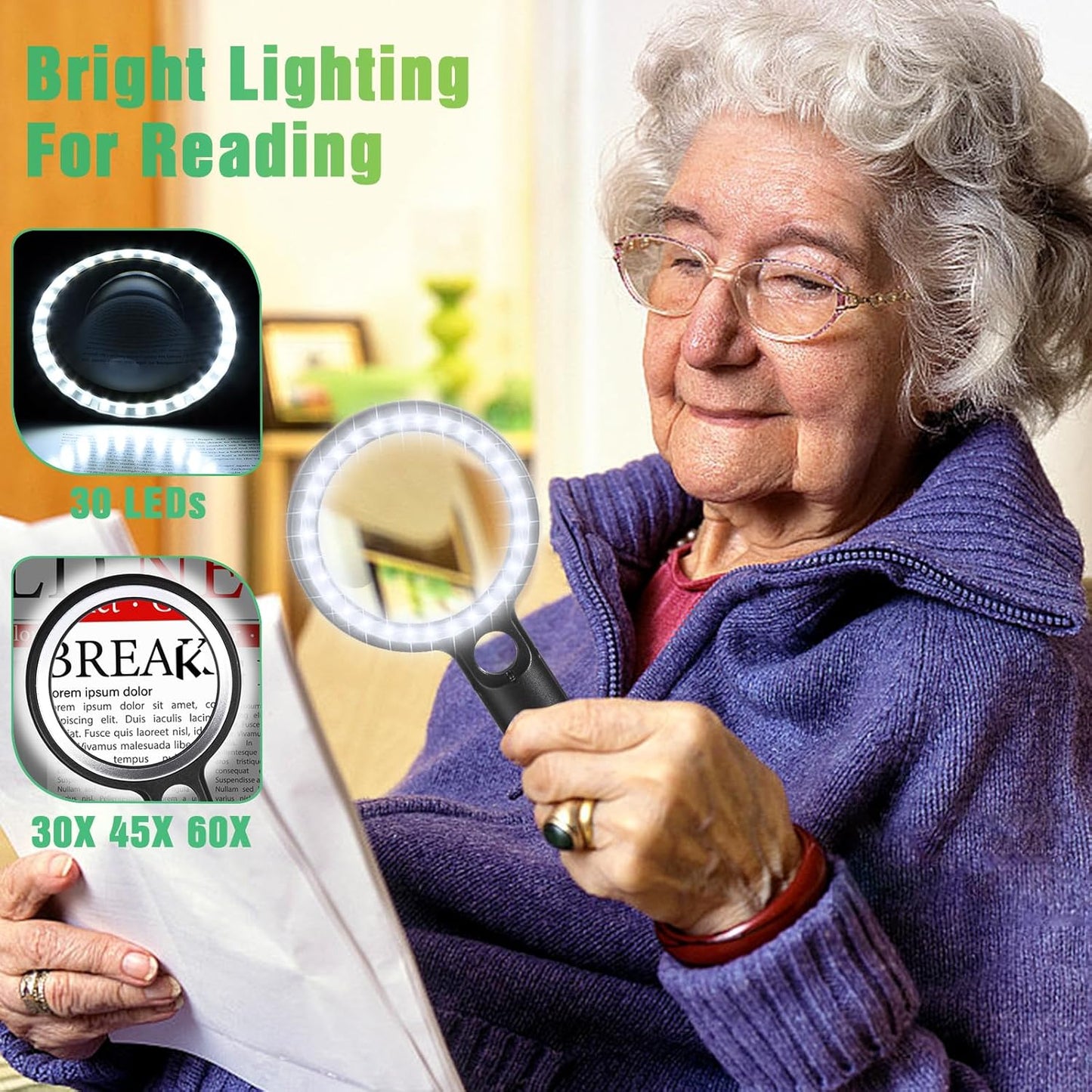 LED-Leselupe mit 3 Vergrösserungen, 30led - Schwarz Silber