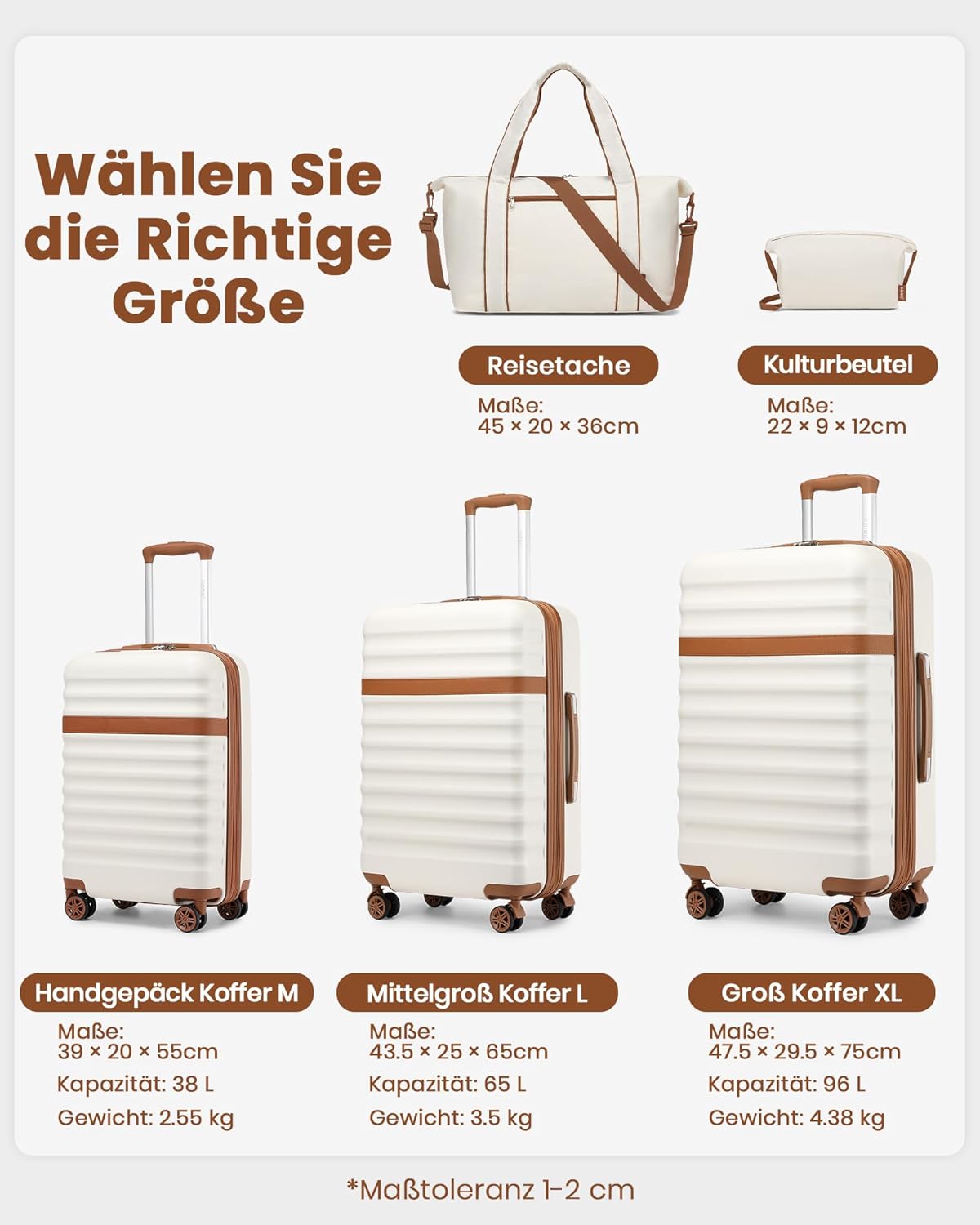 Reisekoffer-Set mit TSA Schloss, Mittlerer Koffer-Set 3tlg Creme/Braun