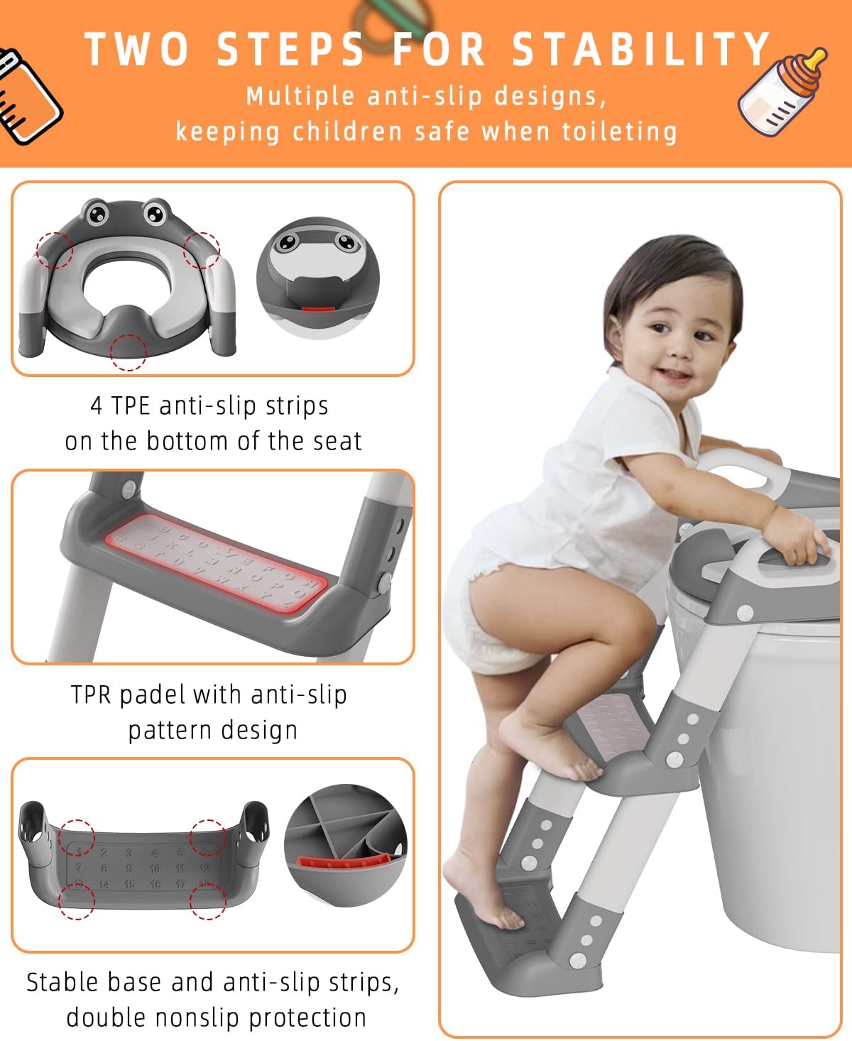 Toilettentrainer mit Treppe für Kinder, Frosch/Grau