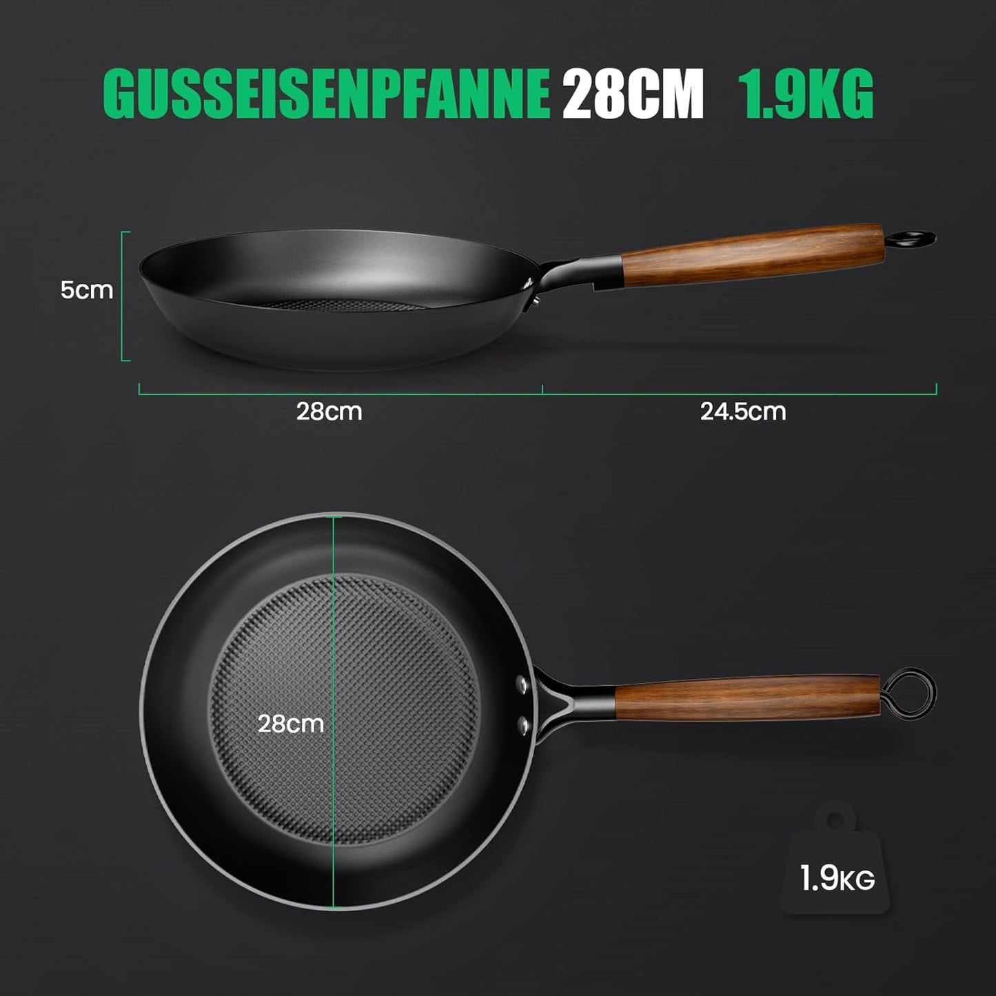 Gusseisenpfanne 28 cm für alle Herdarten, Schwarz 28 cm